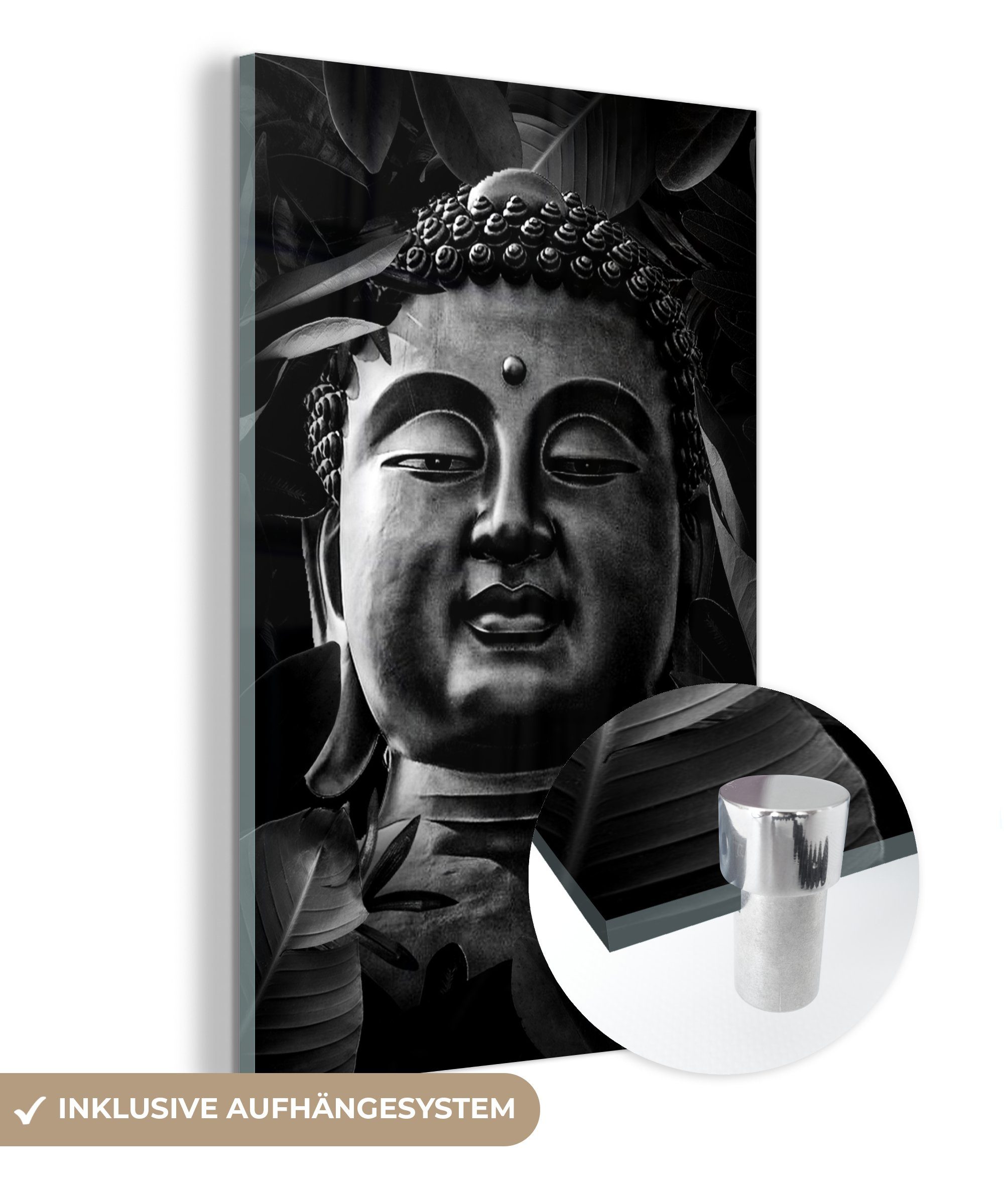 MuchoWow Acrylglasbild Kopf eines Buddhas mit Blättern - schwarz und weiß, (1 St), Glasbilder - Bilder auf Glas Wandbild - Foto auf Glas - Wanddekoration bunt