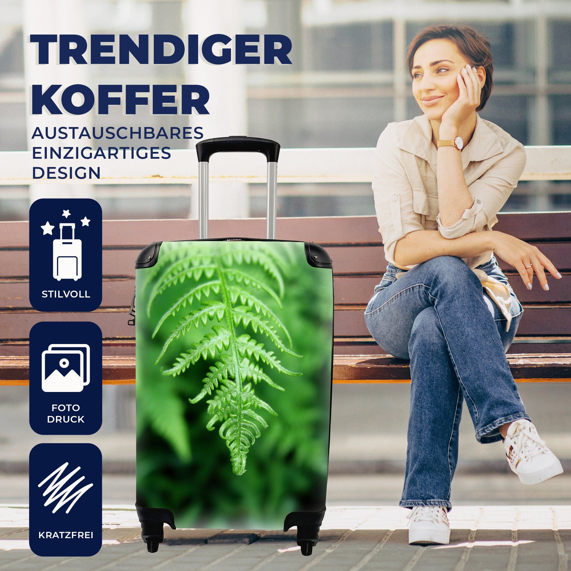 MuchoWow Handgepäckkoffer eines mit verblassten 4 Trolley, Farns Reisetasche Hintergrund, für vor Rollen, Blätter Reisekoffer Grüne rollen, Handgepäck einem Ferien