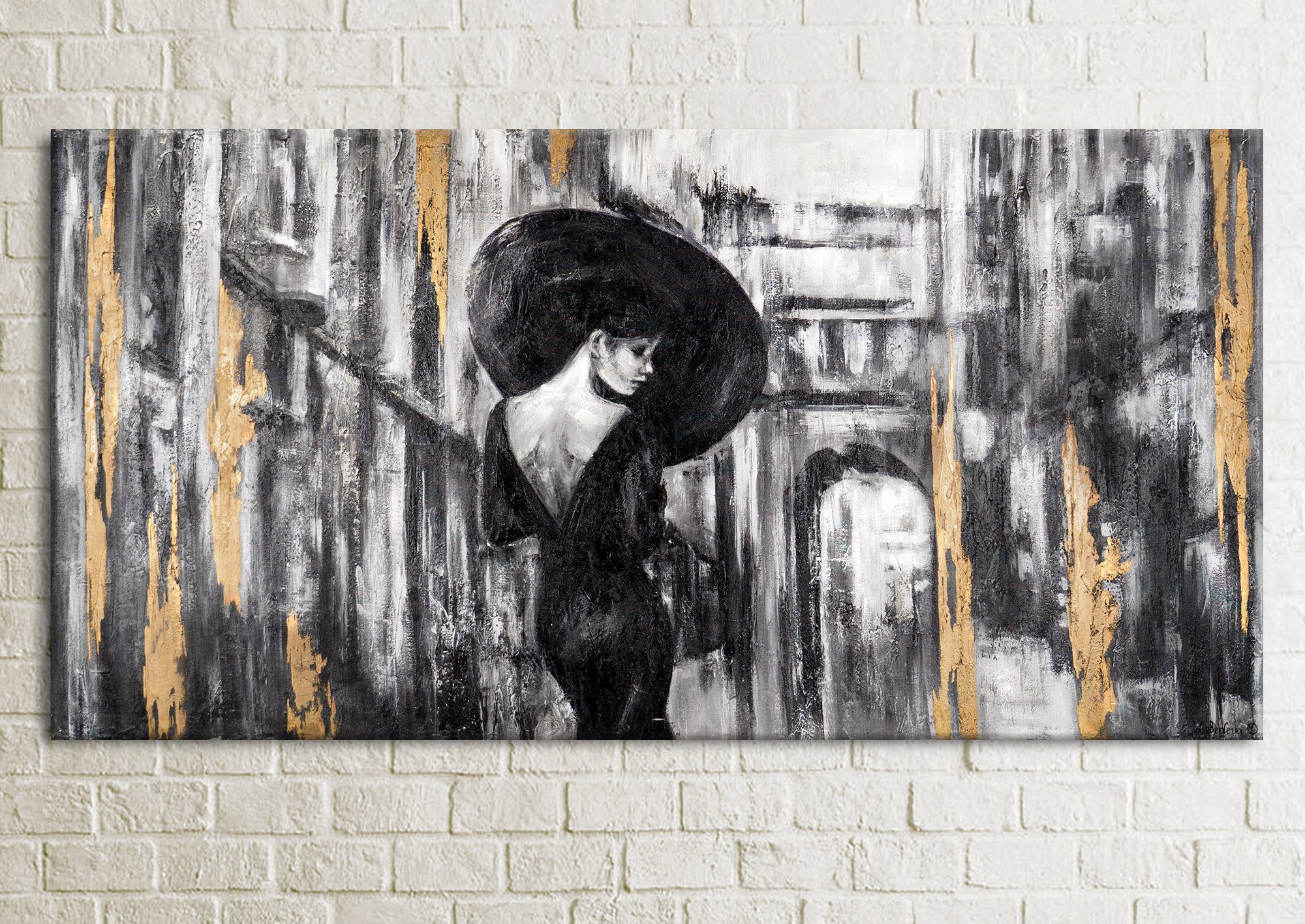 YS-Art Gemälde Leinwand Gold Frau Bild Menschen, Schattenfugenrahmen Filmstreifen, Handgemalt Ohne Schwarz Regenschirm