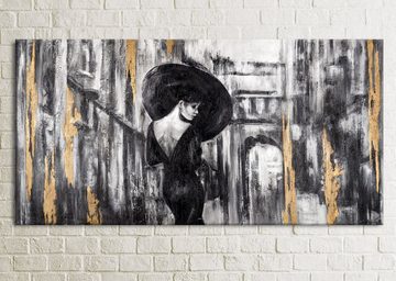 YS-Art Gemälde Filmstreifen, Menschen, Leinwand Bild Handgemalt Frau Regenschirm Gold Schwarz
