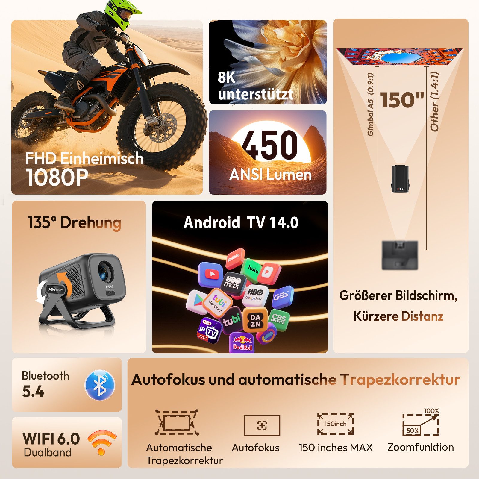 XGODY [1080P Native & Autofokus & 2026 Modell & Integrierte Apps] Mini Portabler Projektor (20000 lm, 15000:1, 3840 x2160 px, 150-Zoll-Display, Smart Tragbarer Projektor)