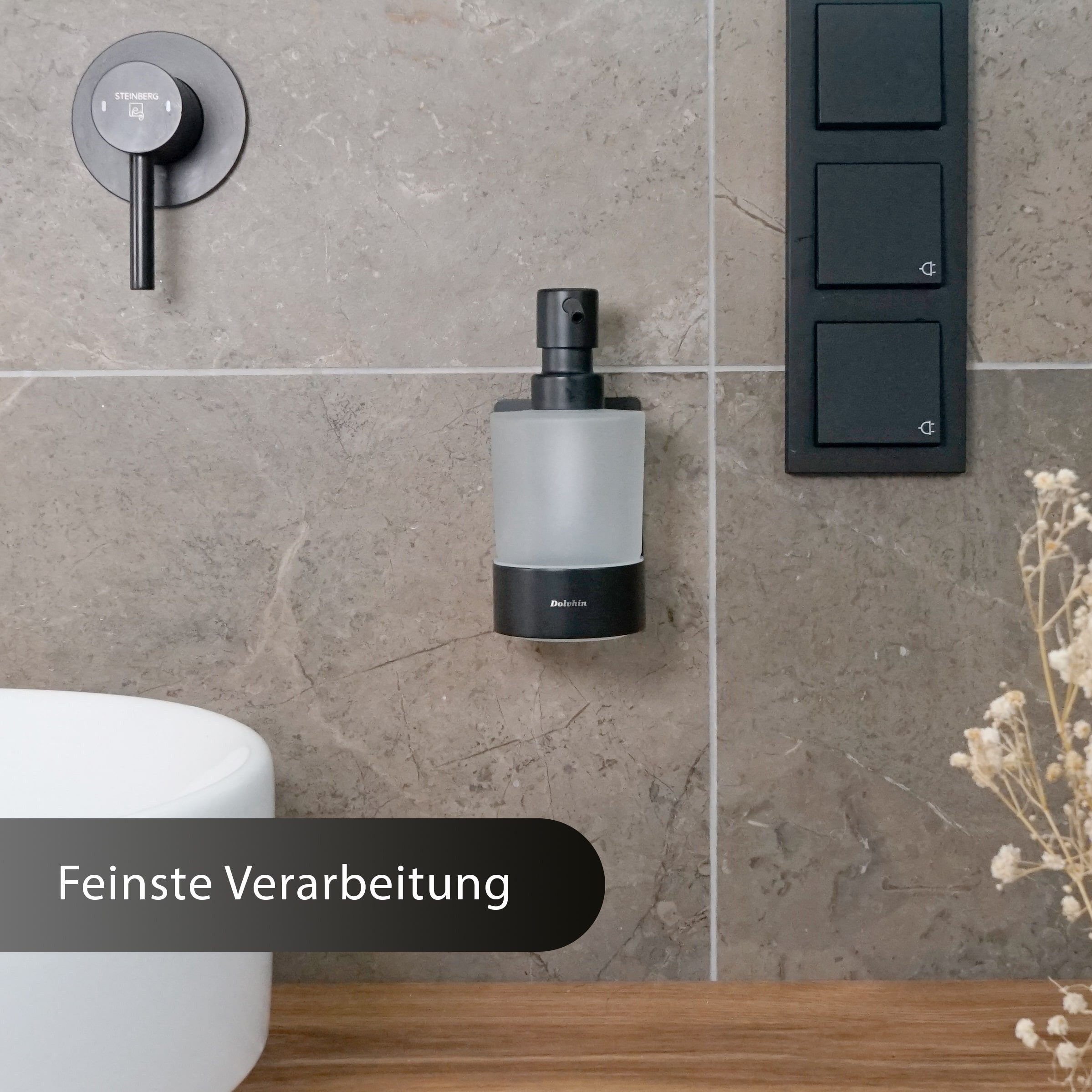 Dolvhin Seifenspender Wandmontage ohne Bohren, Glas Handseifenspender, Wandseifenspender, (Flüssigseifenspender, inkl. extra starkem 3M Klebestreifen), 250ml Milchglas