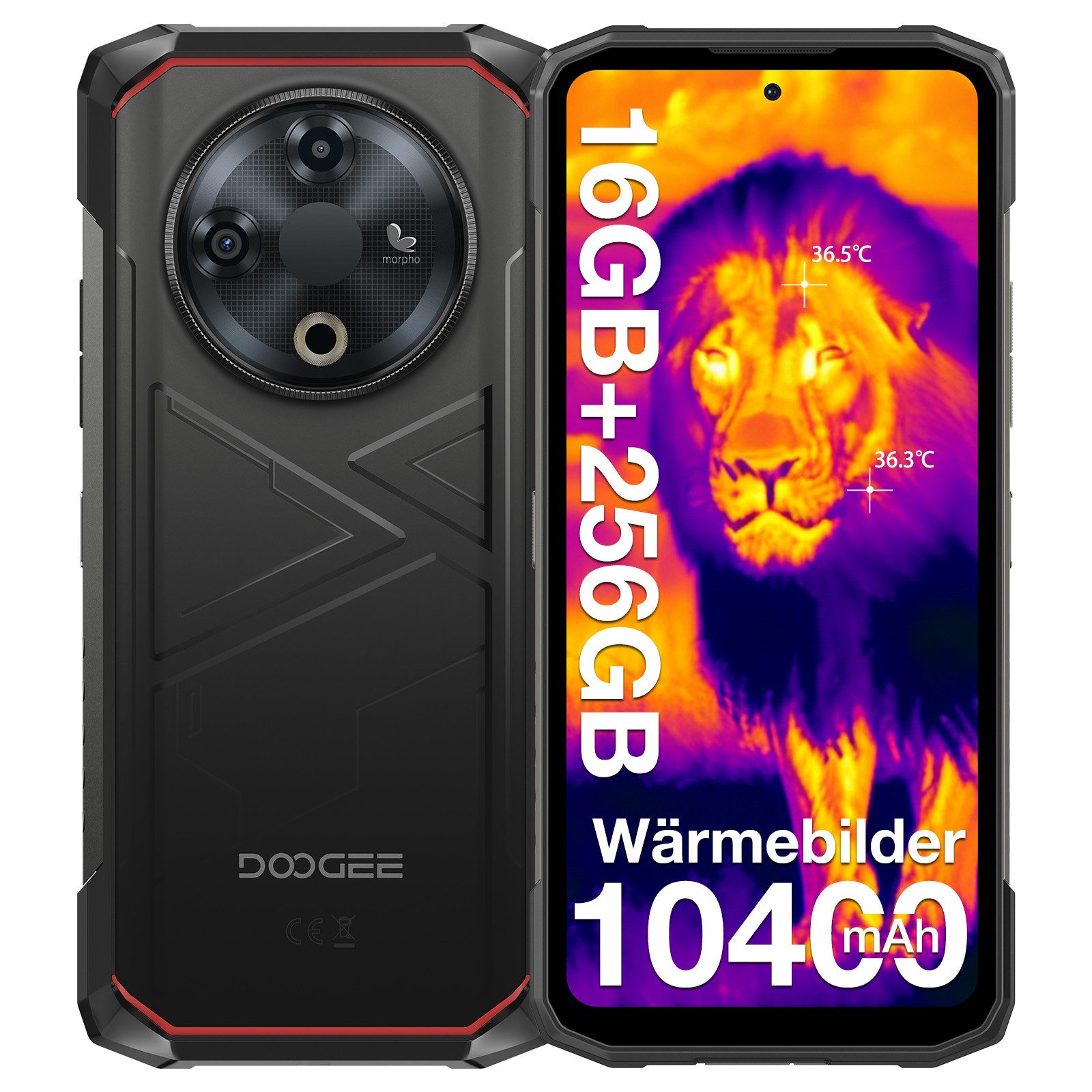 DOOGEE FIRE 6 Robustes Smartphone mit Wärmebildkamera, 10400 mAh Smartphone (6.56 Zoll, 256 GB Speicherplatz, 50 MP Kamera, 16 GB + 256 GB, 50 MP KI-Kamera, Gesichtserkennung/OTG)