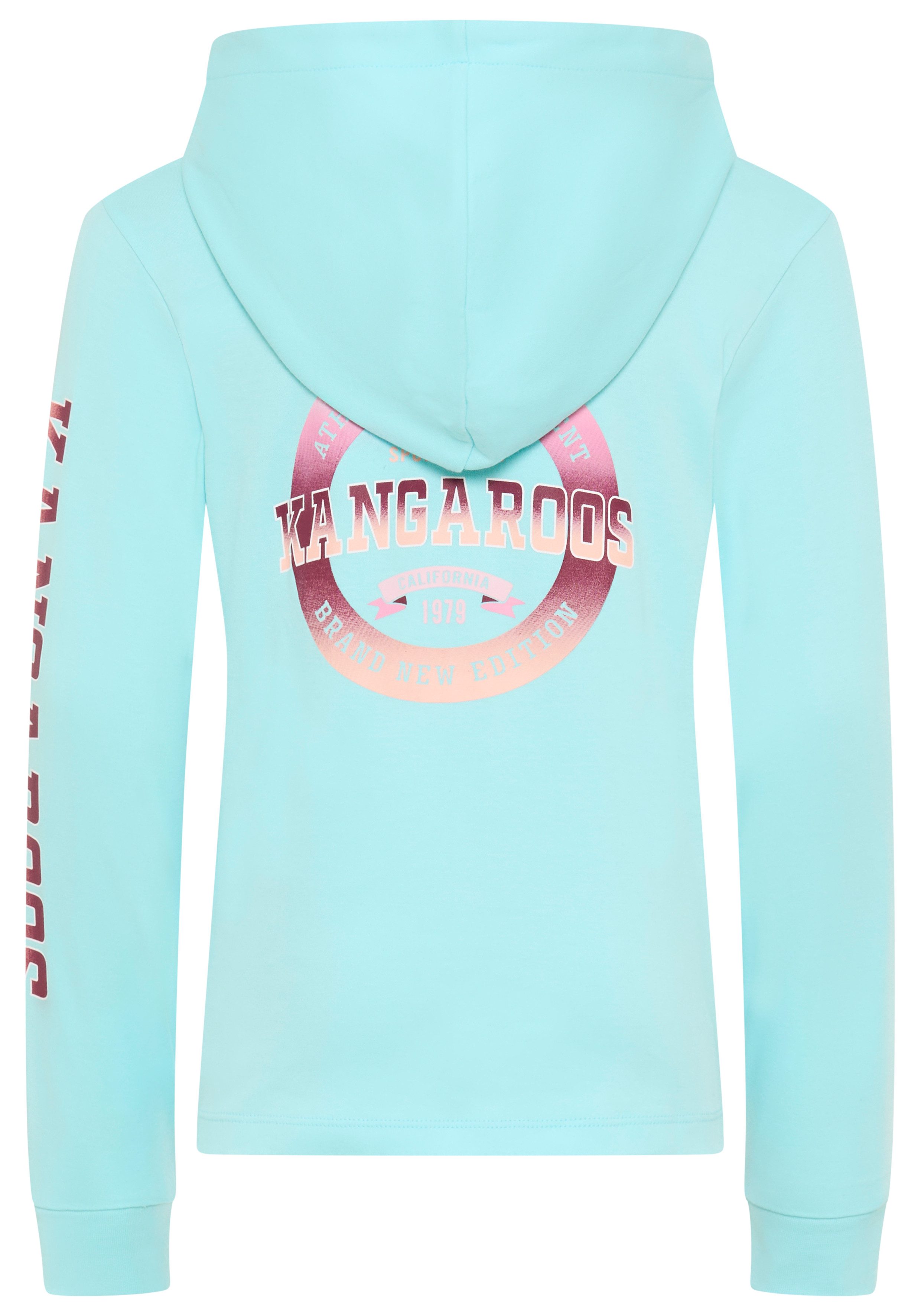 KangaROOS Langarmshirt Kangaroos Kapuzenshirt mit Ärmeldruck gerade Passform, bedrucktes Design, mit Kapuze, aus 100% Baumwolle