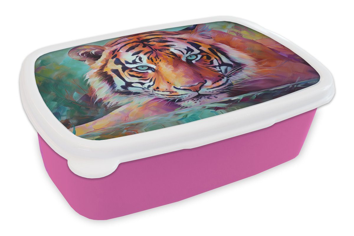 MuchoWow Lunchbox Tiger - Ölfarbe - Tiere - Kunst, Kunststoff, (2-tlg), Brotbox für Erwachsene, Brotdose Kinder, Snackbox, Mädchen, Kunststoff rosa