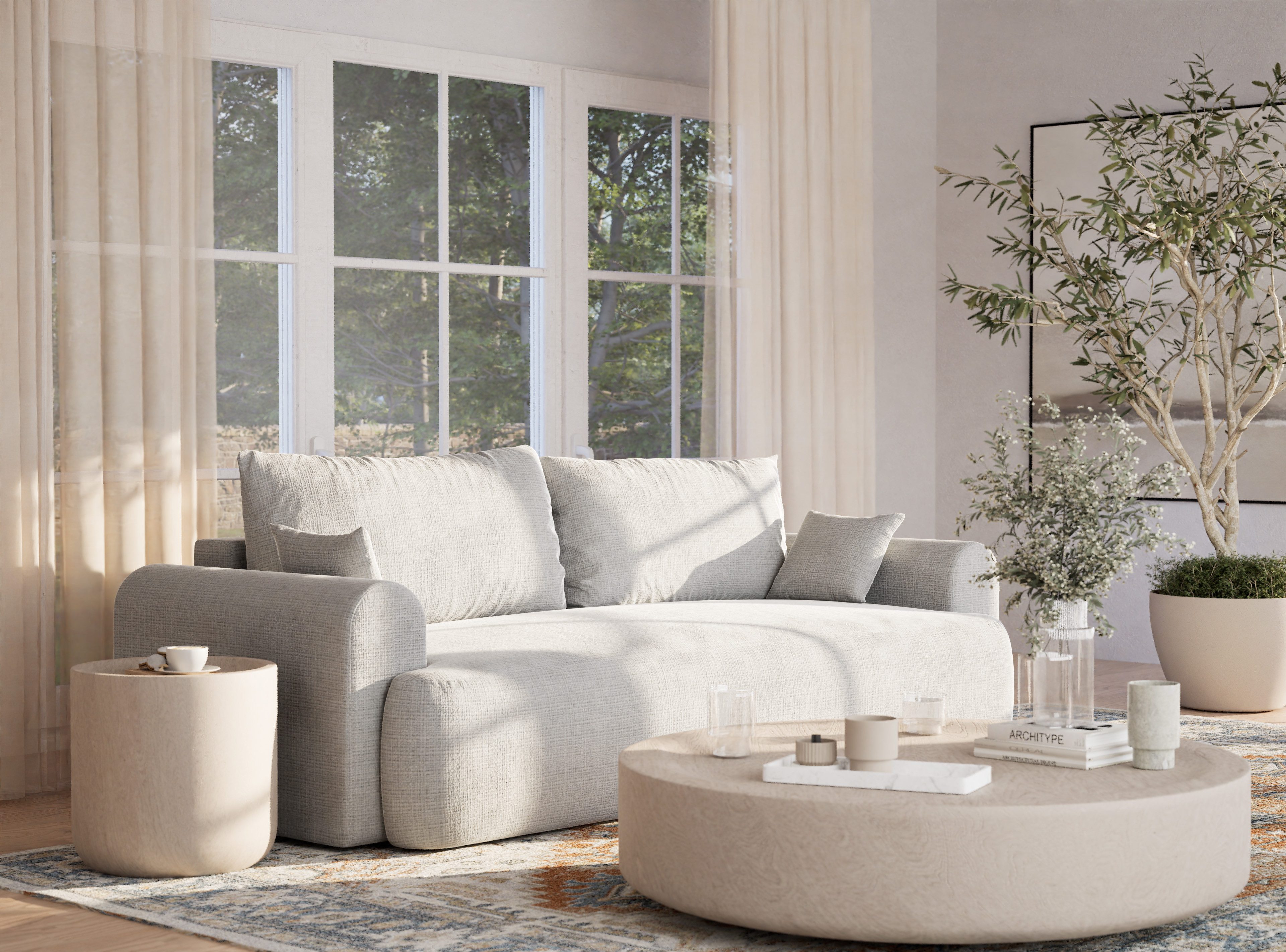 Maison de Rêve 3-Sitzer Sofa mit Schlaffunktion Milos, Schlafsofa mit Bettkasten und Zierkissen, Liegefläche 160x200 cm