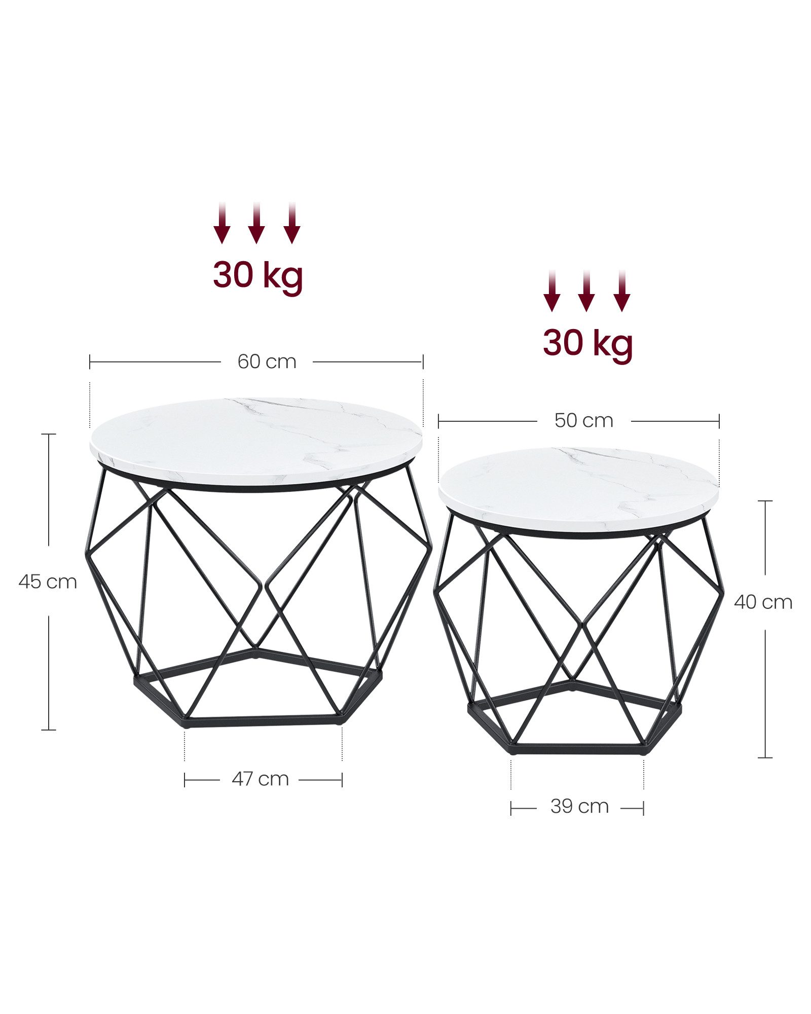 VASAGLE Couchtisch rund, Wohnzimmertisch, modern, Satztisch, Metall (2er Set, inkl. Zubehörpaket & Anleitung, Holz), Beistelltisch, abnehmbare Tischplatte, Ø60x45cm+Ø50x40cm