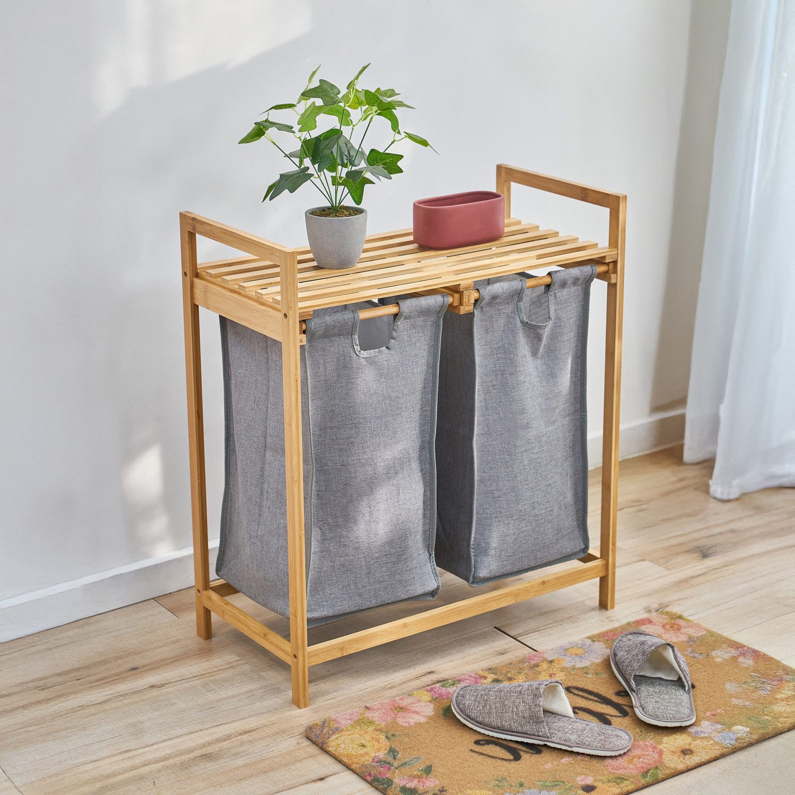 SVITA Wäschekorb, SULA, Wäschesammler mit 2 Fächern, Ablagefläche, Bambus, günstig online kaufen