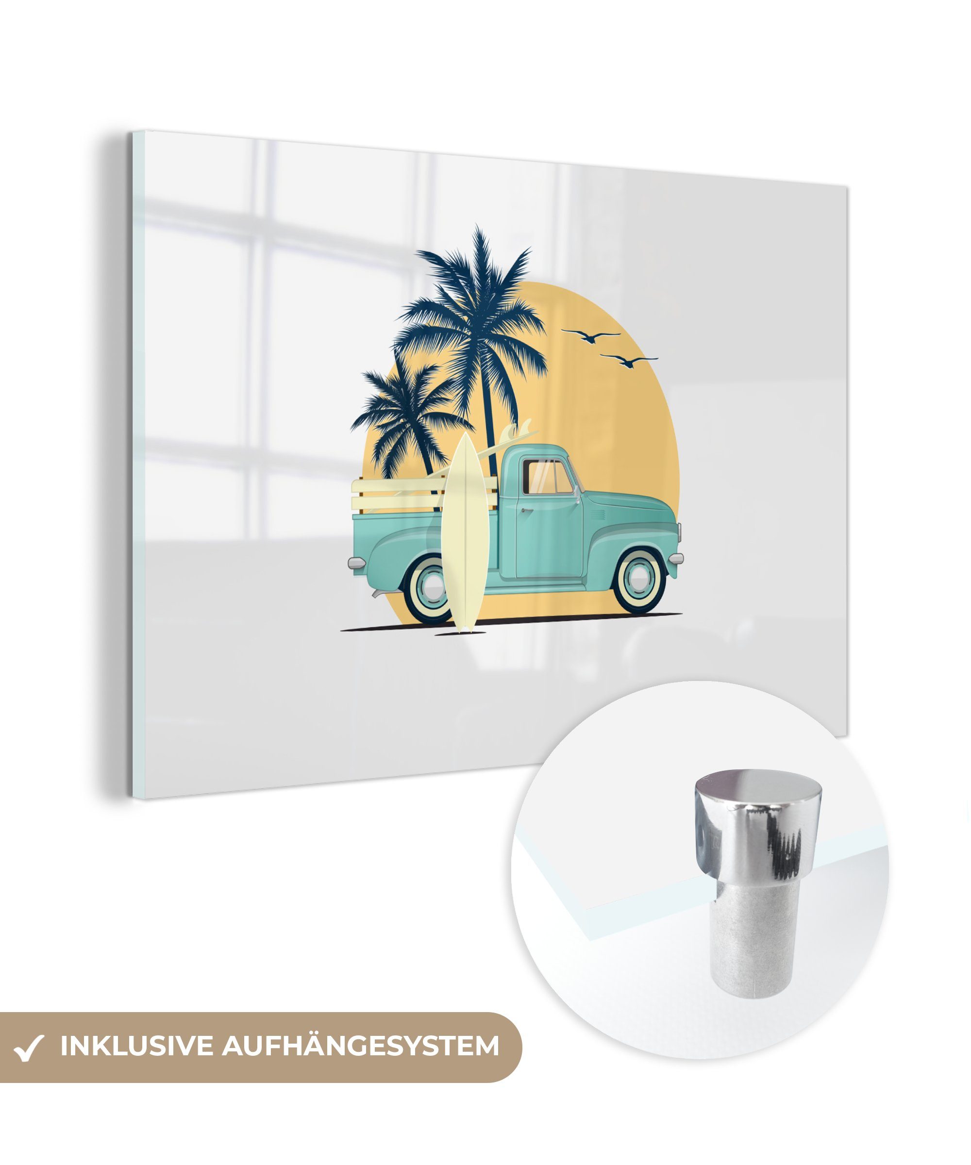 MuchoWow Acrylglasbild Auto - Surfen - Palme - Zeichnung, (1 St), Acrylglasbilder Wohnzimmer & Schlafzimmer