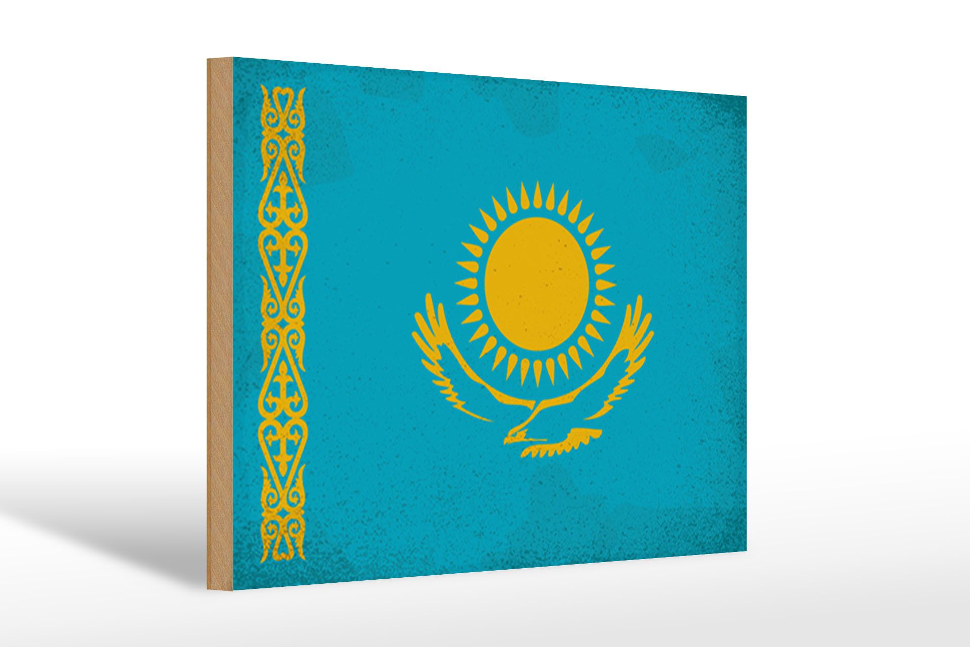 Femer GmbH Holzbild Flagge Kasachstan 30x20cm Kazakhstan Vintage, Flaggen (1 St), Glatte Holzfaserplatte (MDF), vorn beschichtet