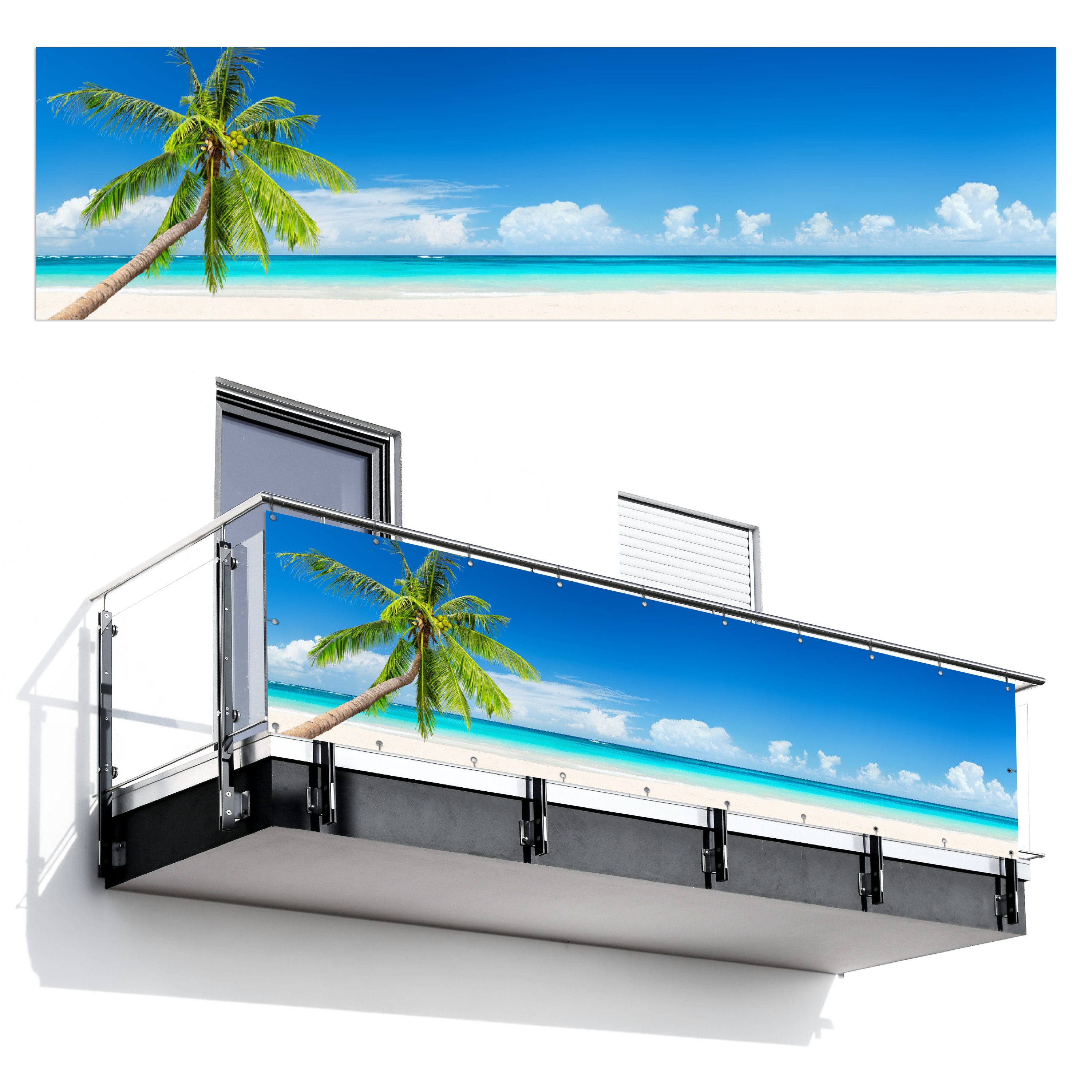 MuchoWow Balkonsichtschutz Sommer - Palme - Strand - Tropisch (1-St) Wind- und Sichtschutz für den Balkon Terrassen, 300x85 cm