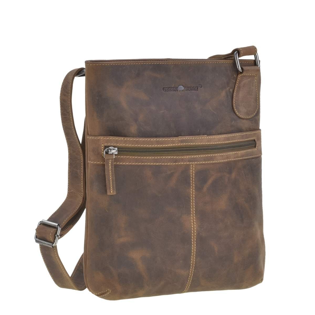 Greenburry Umhängetasche Vintage, kleine flache Schultertasche, Damentasche 26x31cm, rustikales Leder