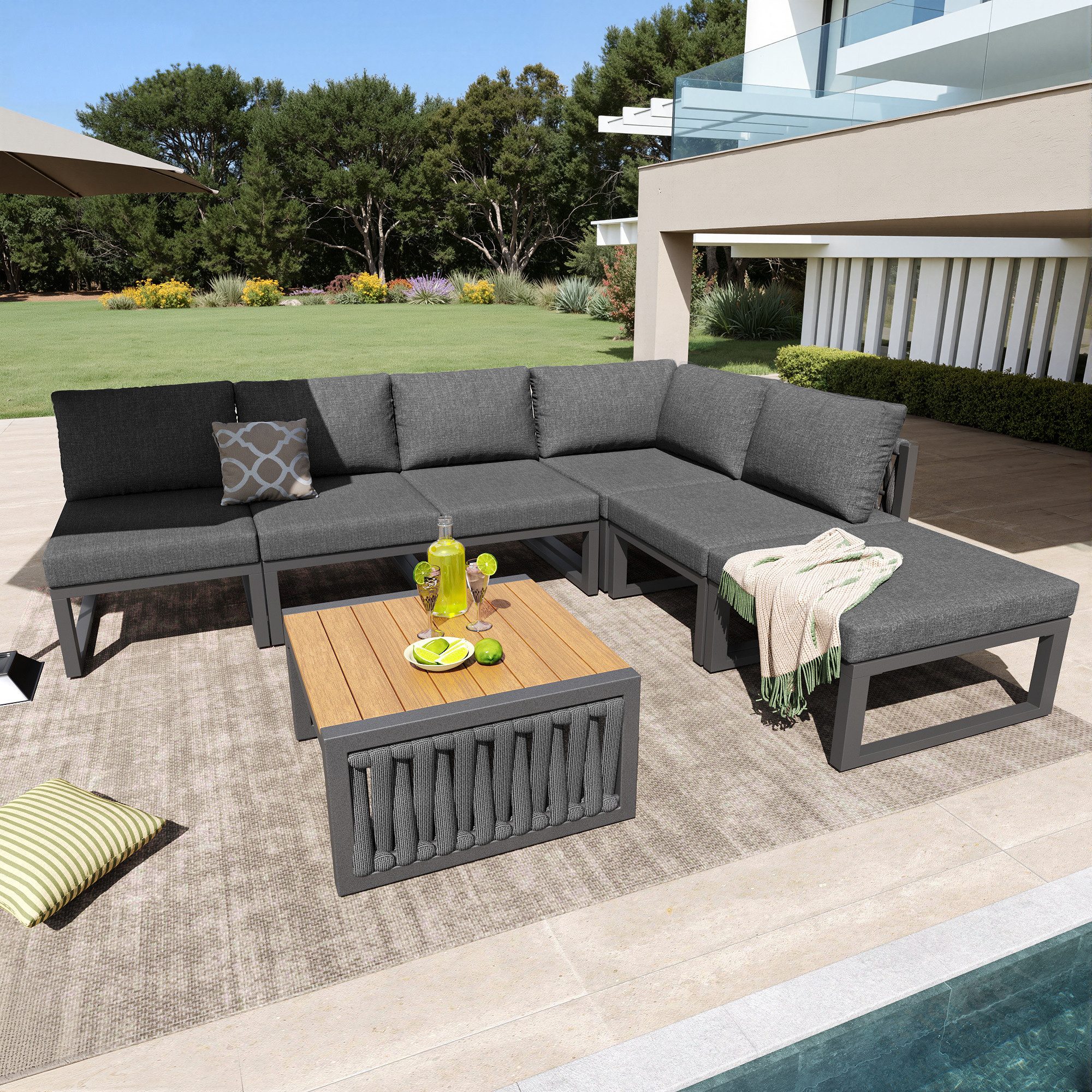 Odikalo Gartenlounge-Set Gartenmöbel mit Sitzkissen & Rückenkissen, (für 6 Personen,Doppelliege für den Außenbereich, Verstellbarer Rückenlehnenwinkel)