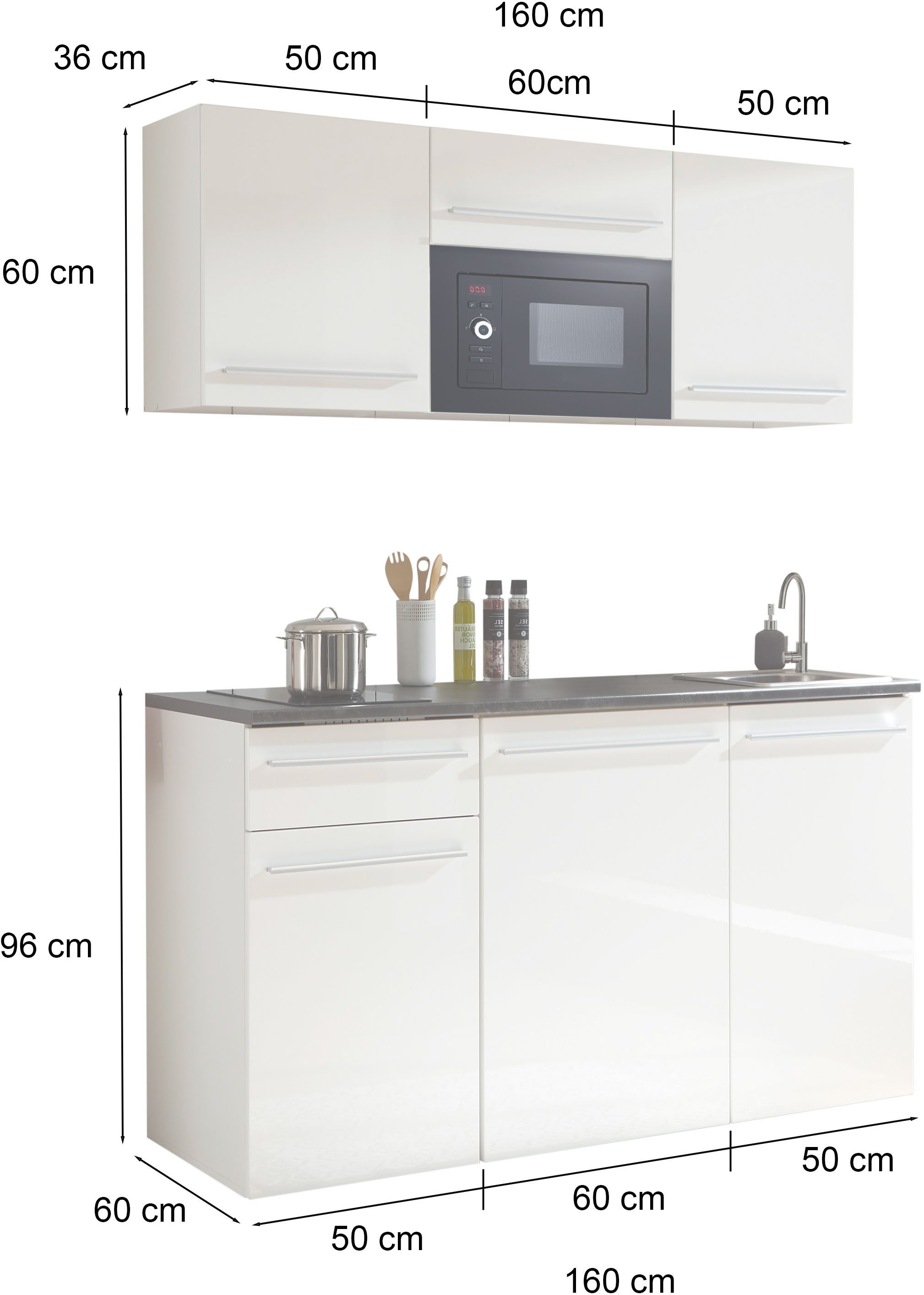 BASIC by Balculina Pantryküche Jazz Singleküche, Breite 160 cm, wahlweise mit E-Geräten und Mikrowelle