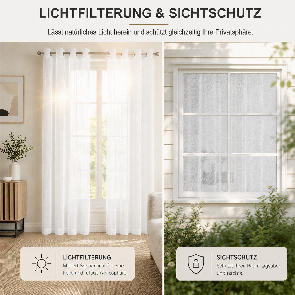 BlingBin Gardine 2er-Set Voile Vorhänge mit Ösen (4 cm) (2 St), Ösen, transparent, Voile, 140 × 145 cm wohnzimmer gardine, transparenter fensterschal, Weiß – Bild 4 von 5