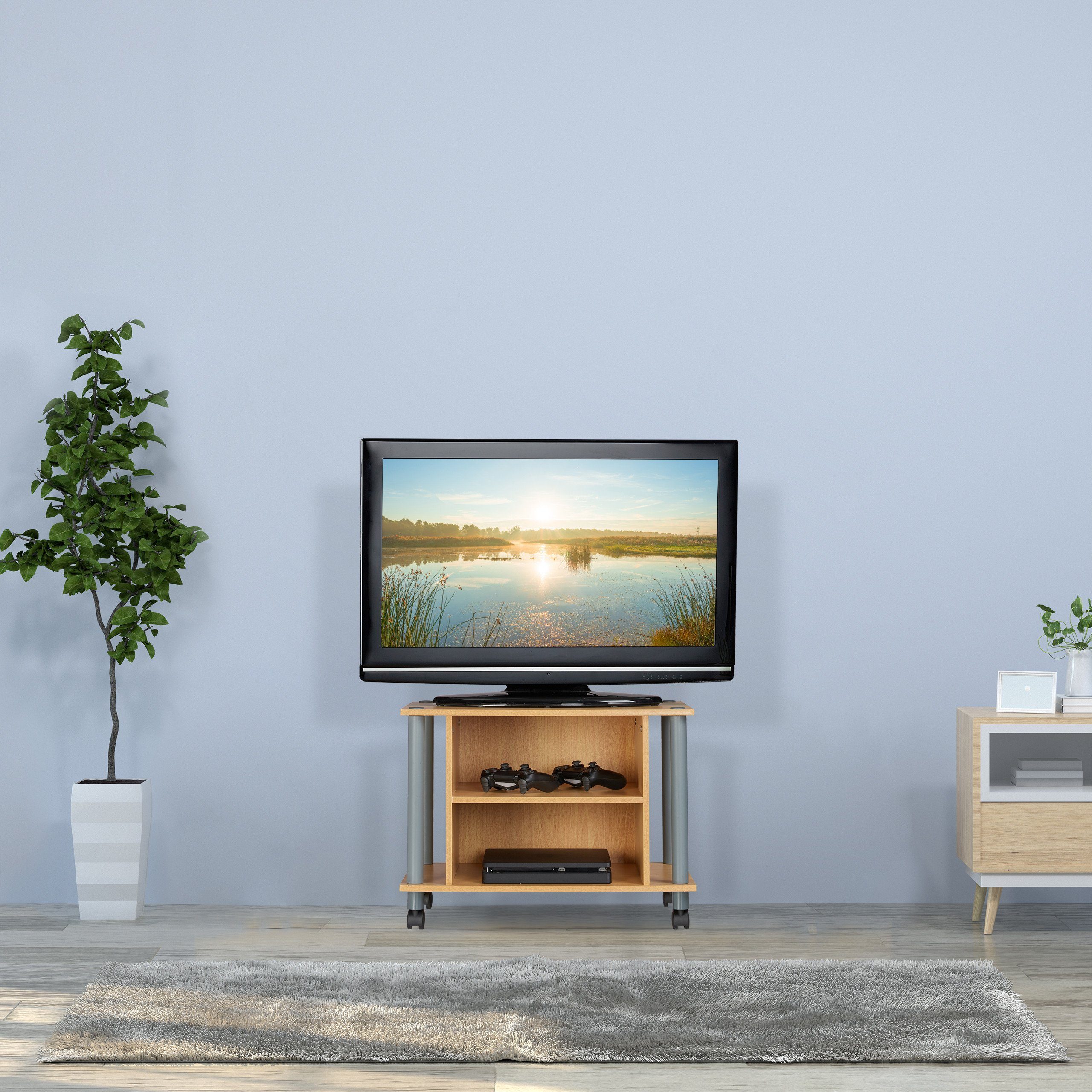 relaxdays TV-Regal TV Tisch mit Rollen und 2 Fächern, 1-tlg., weiß – Bild 5 von 5