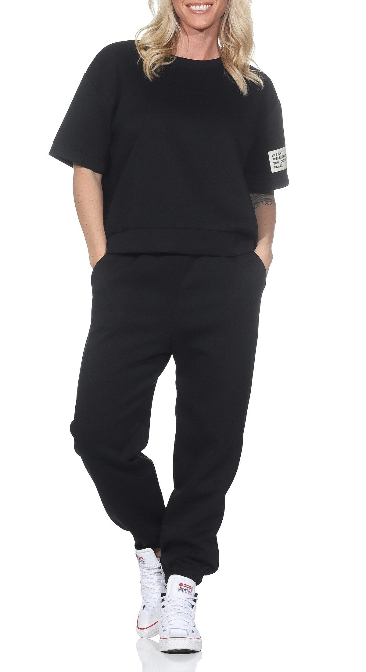 simaranda Jogginganzug Damen Jogginganzug 7066 36-42 Schwarz (Set), bestehend aus Ober- und Unterteil