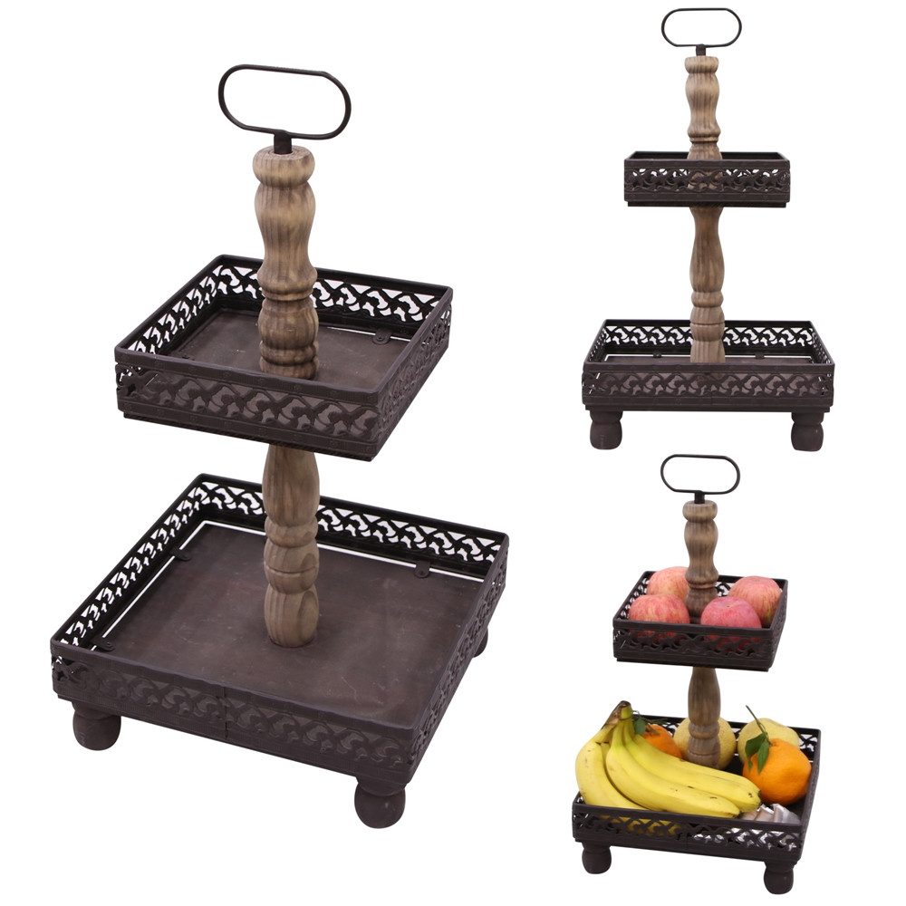 Melko Etagere Servierplatte Servierständer Etagere 2 Stöckig Holz Braun Weiß 51 CM, Metall, (Stück, 1-tlg., Servierschale), Massivholz