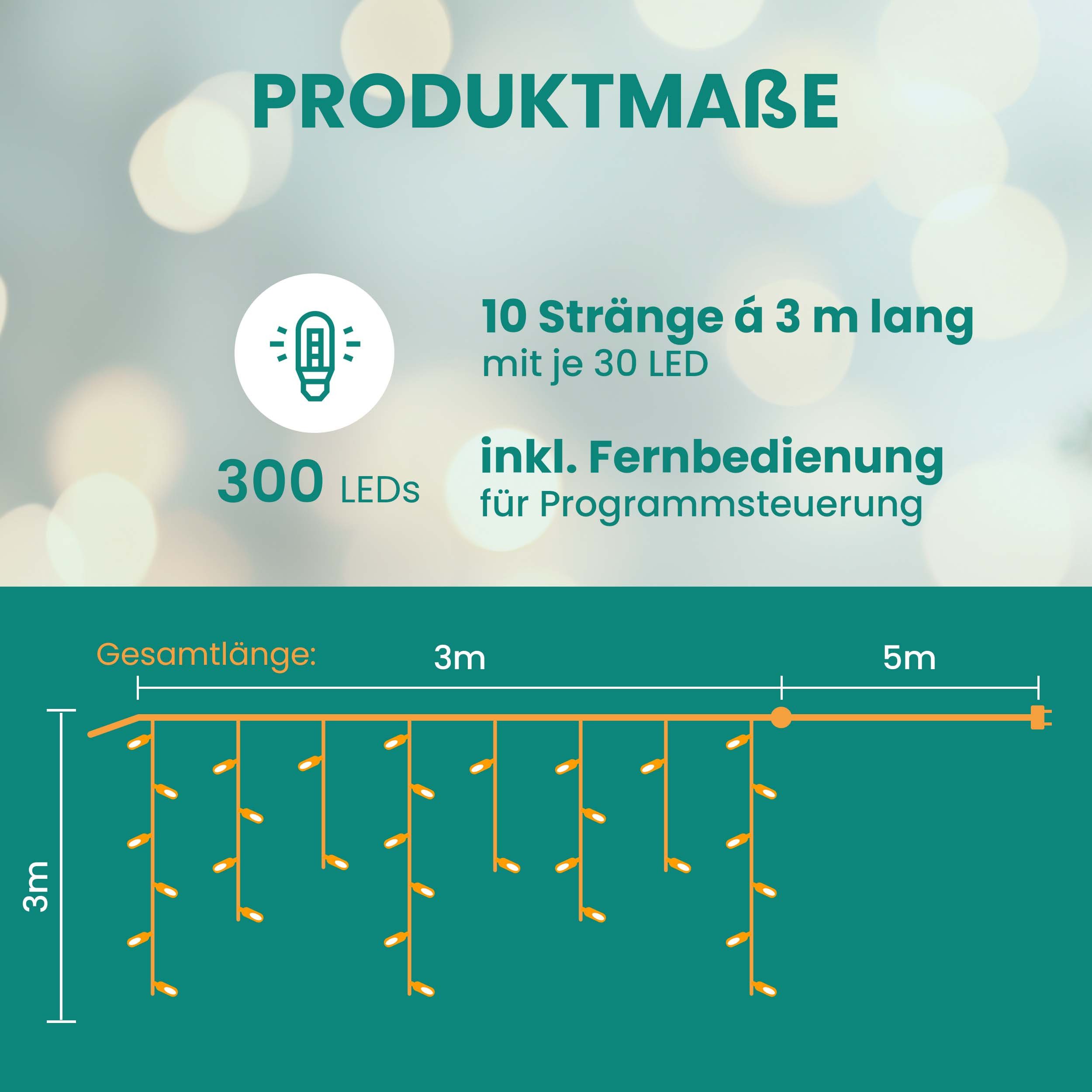 Gartenpirat LED-Lichtervorhang 3x3 m 300 LED warmweiß LED-Beleuchtung Weihnachtsdeko außen mit Timer