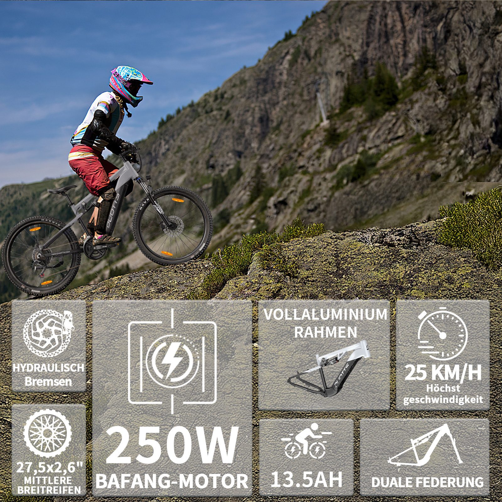 DUOTTS E-Bike Mountain Bike E29 Men's Electric Bicycle 648Wh 27.5 inch Women's 48V 13.5AH 50Nm, 14-speed Shimano Shimano derailleur, derailleur gears, rear motor, 648 Wh, IPX4, max. incline 20–30°, max. load 150 kg