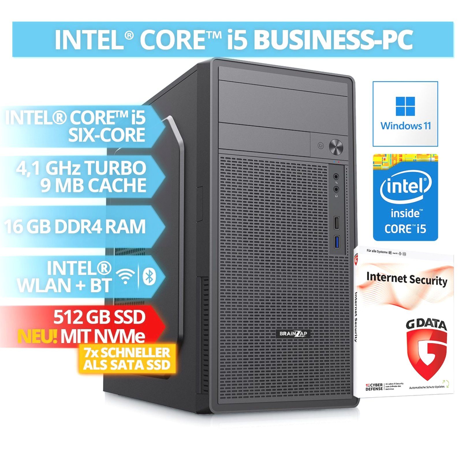 BRAINZAP Office/Home/Desktop PC Business-PC (Intel Core i5 8500, 16 GB RAM, 512 GB SSD, Luftkühlung, NVMe SSD, Windows 11, TPM 2.0, Secure Boot, G DATA Internet Security)