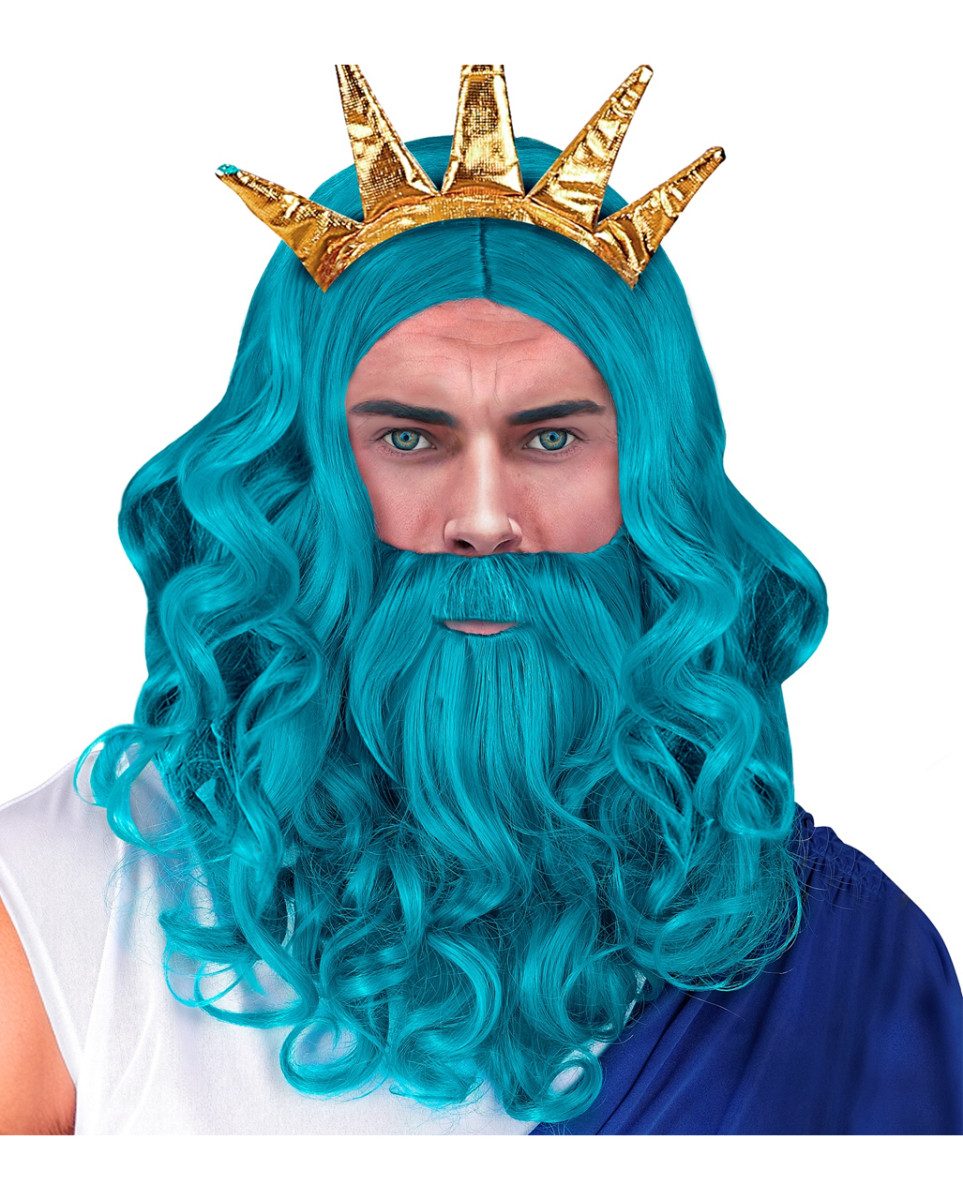 Horror-Shop Kostüm-Perücke Blaue Neptun & Poseidon Perücke mit Bart & Schnurr