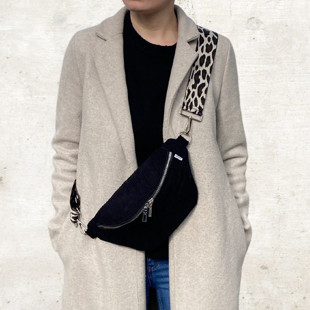 MAONI Bauchtasche Cord Schwarz mit zwei Gurten, Taschengurt austauschbar