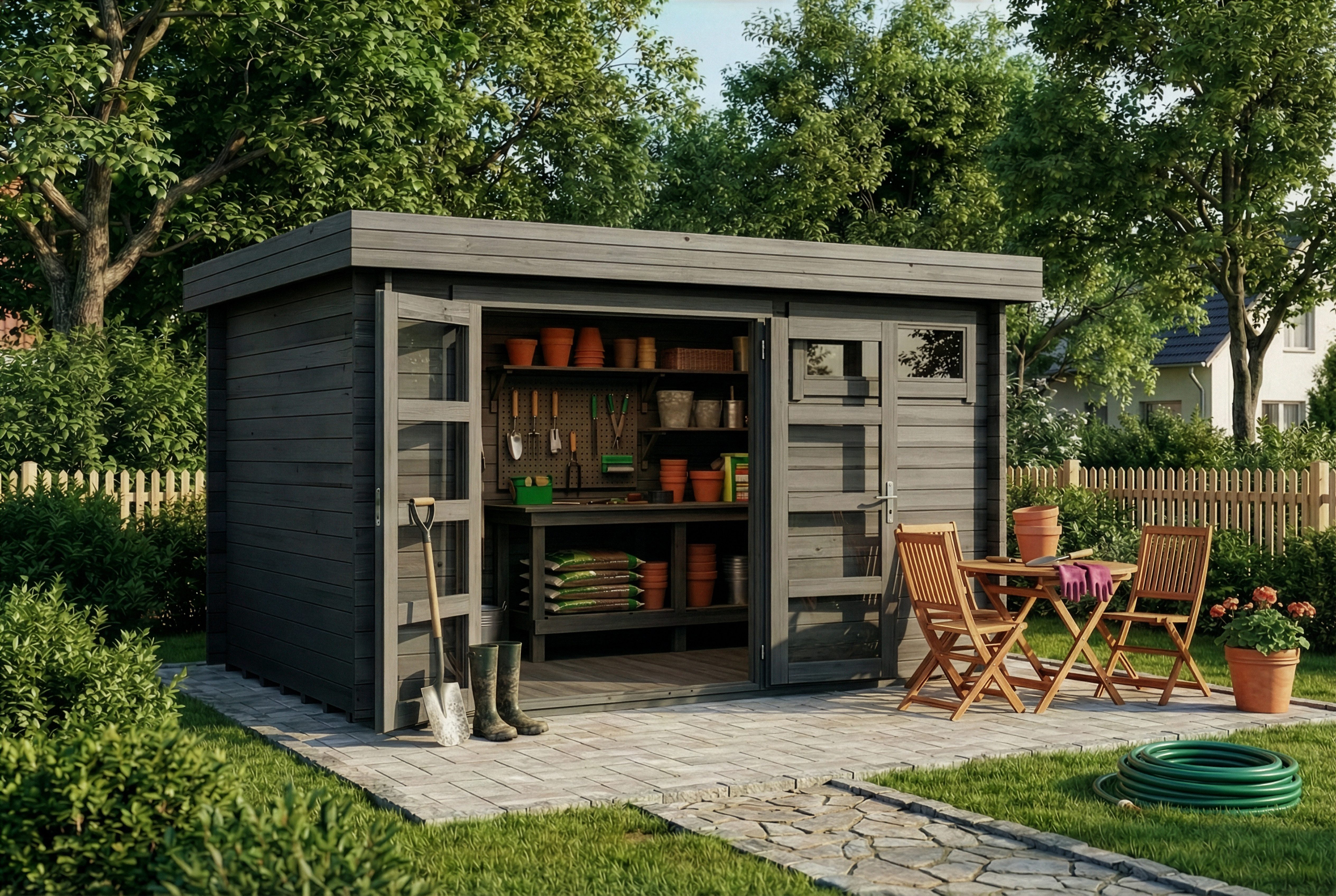 Alpholz Gartenhaus Holz Leandro, BxT: 394x268 cm, in Imprägniert (Grau) Inkl. Fußboden mit 28mm Wandstärke