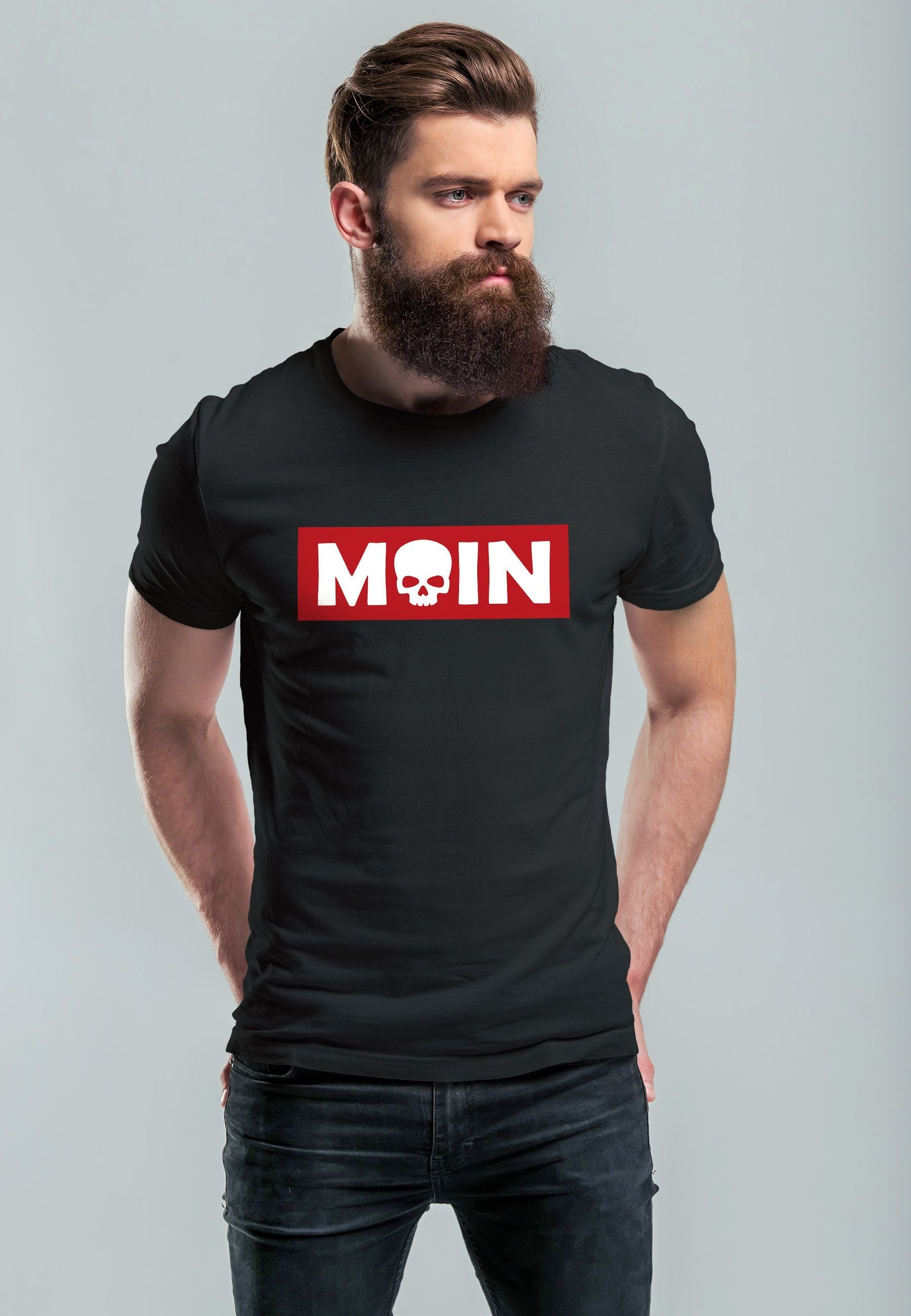 T-Shirt Schriftzug mit Neverless Totenkopf schwarz Aufdruck Print-Shirt Print Parodie Moin Skull Herren Print
