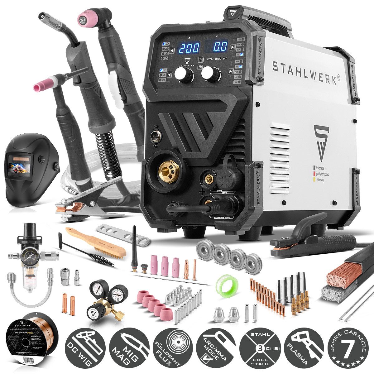 STAHLWERK Inverterschweißgerät CTM-250ST 6 in 1 Kombigerät - Vollausstattung, 10 - 200 A, Packung}, 28-tlg., Vollausstattung, Synergisches Kombi-Schweißgerät MIG + MAG + FLUX Fülldraht + DC WIG