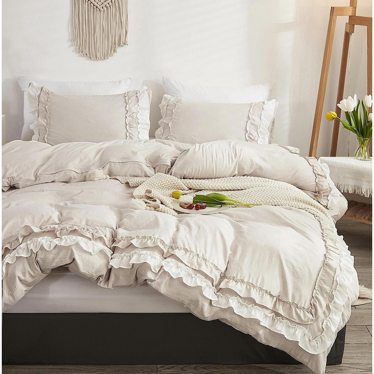 LuxusKollektion Bettwäsche Bettwäsche 220x240 Rüschen Weiß Beige