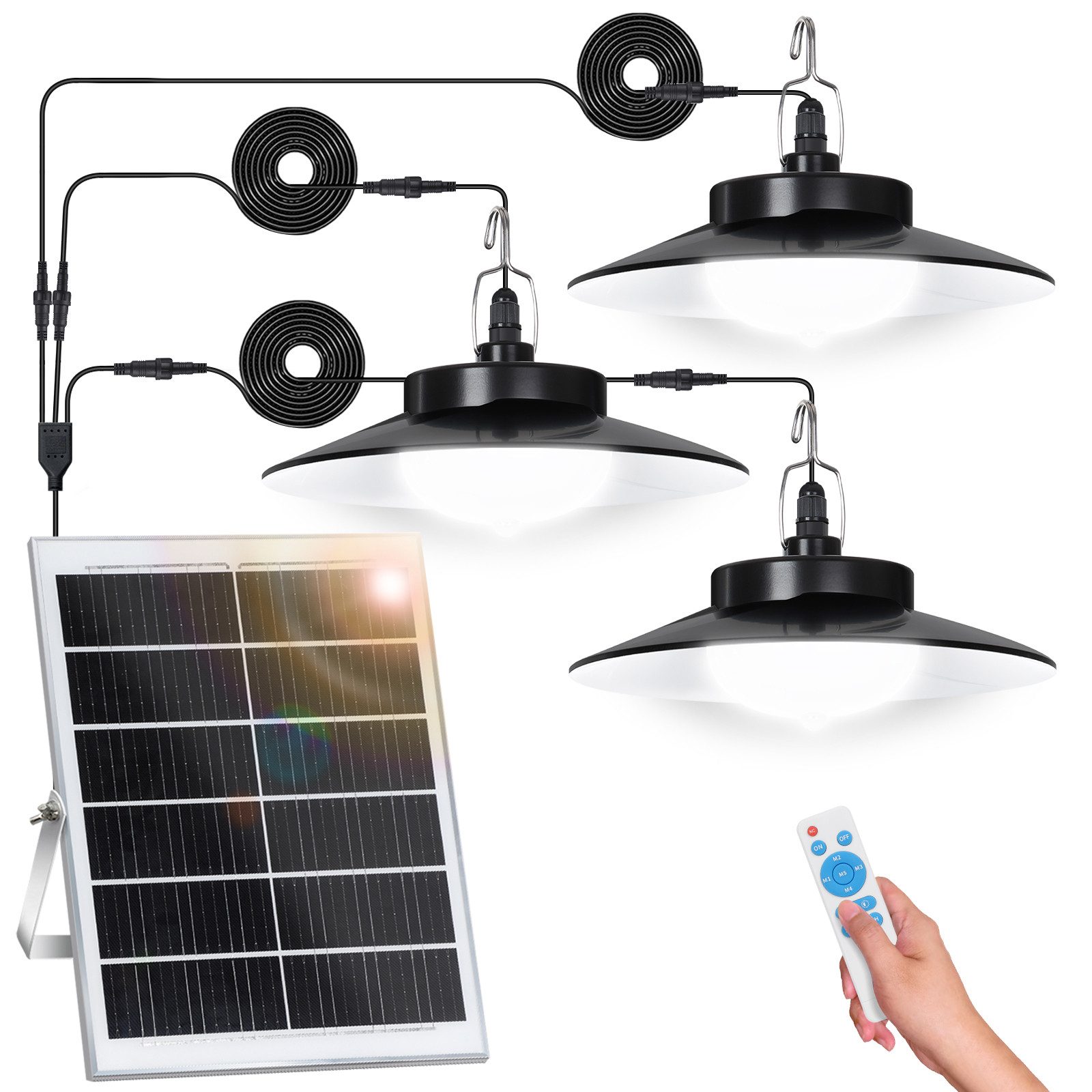 LMaxhome LED Solarleuchte Hängelampen Solar Deckenleuchte Outdoor, 5 Modi mit Fernbedienung IP65, Trennbar - 3 Lampen (Neu verbessert), LED fest integriert, Warmweiß/Kaltweiß Wahlbar, mit Bewegungsmelder und 5m Kabel, Solarlampe für Garten, Terrasse