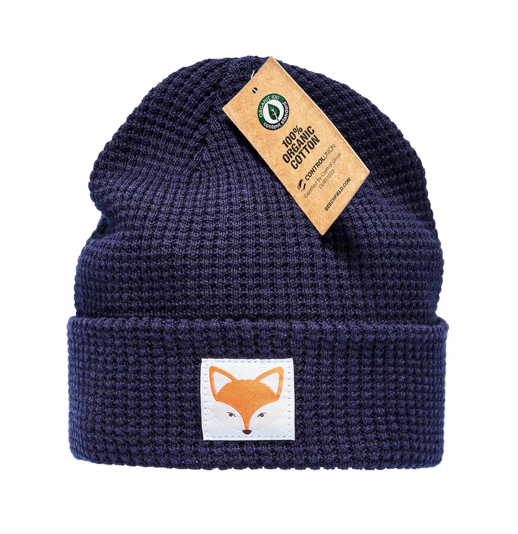 Baddery Beanie Organic Cotton Strickmütze: "Fuchs" (Patch) - Bio Baumwolle, hochwertiger Strick, 100% Bio-Baumwolle, Patch-Motiv, One Size