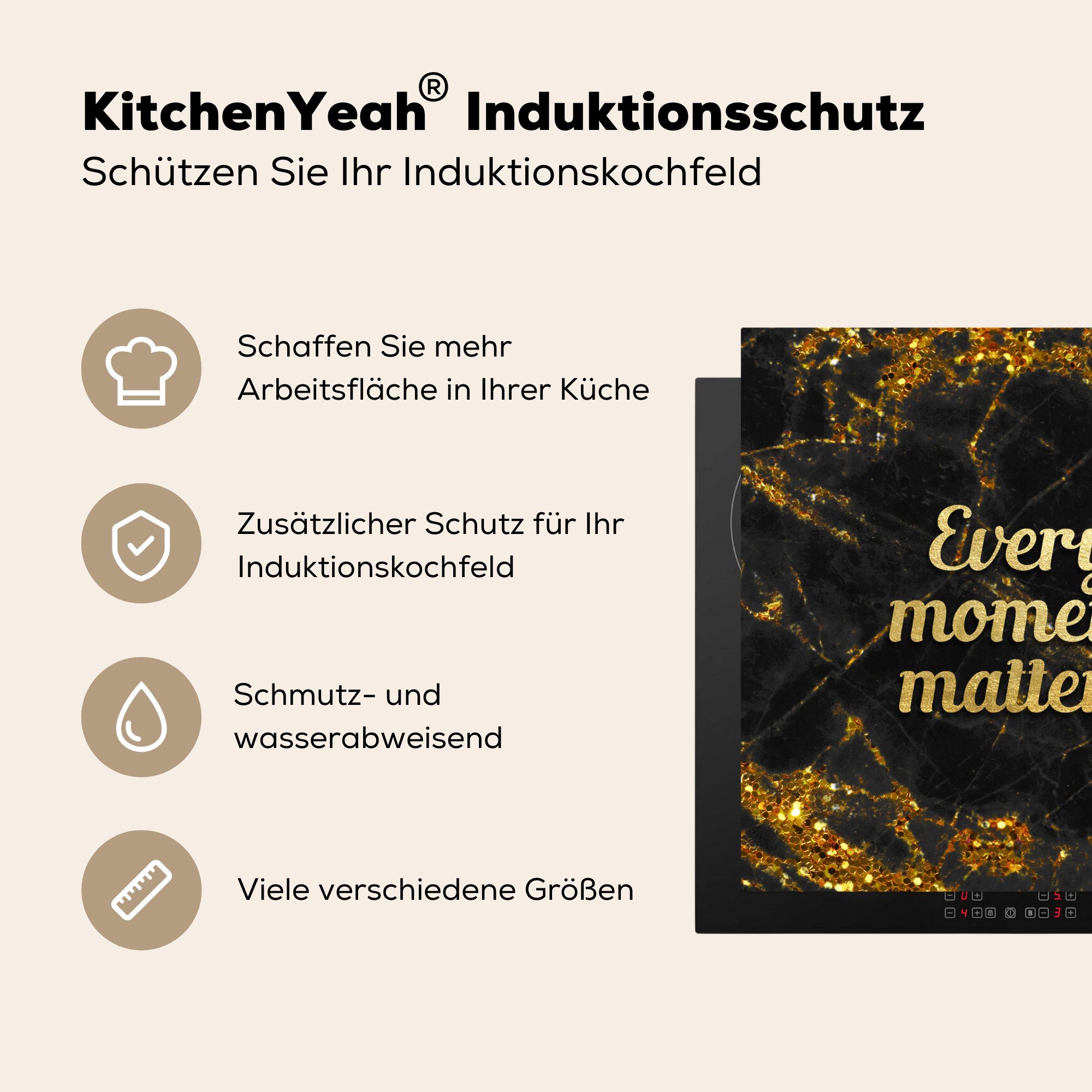 Gold 78x78 küche - cm, Herdblende-/Abdeckplatte Ceranfeldabdeckung, MuchoWow für - Vinyl, - (1 tlg), Arbeitsplatte Glitter Marmor, Zitat
