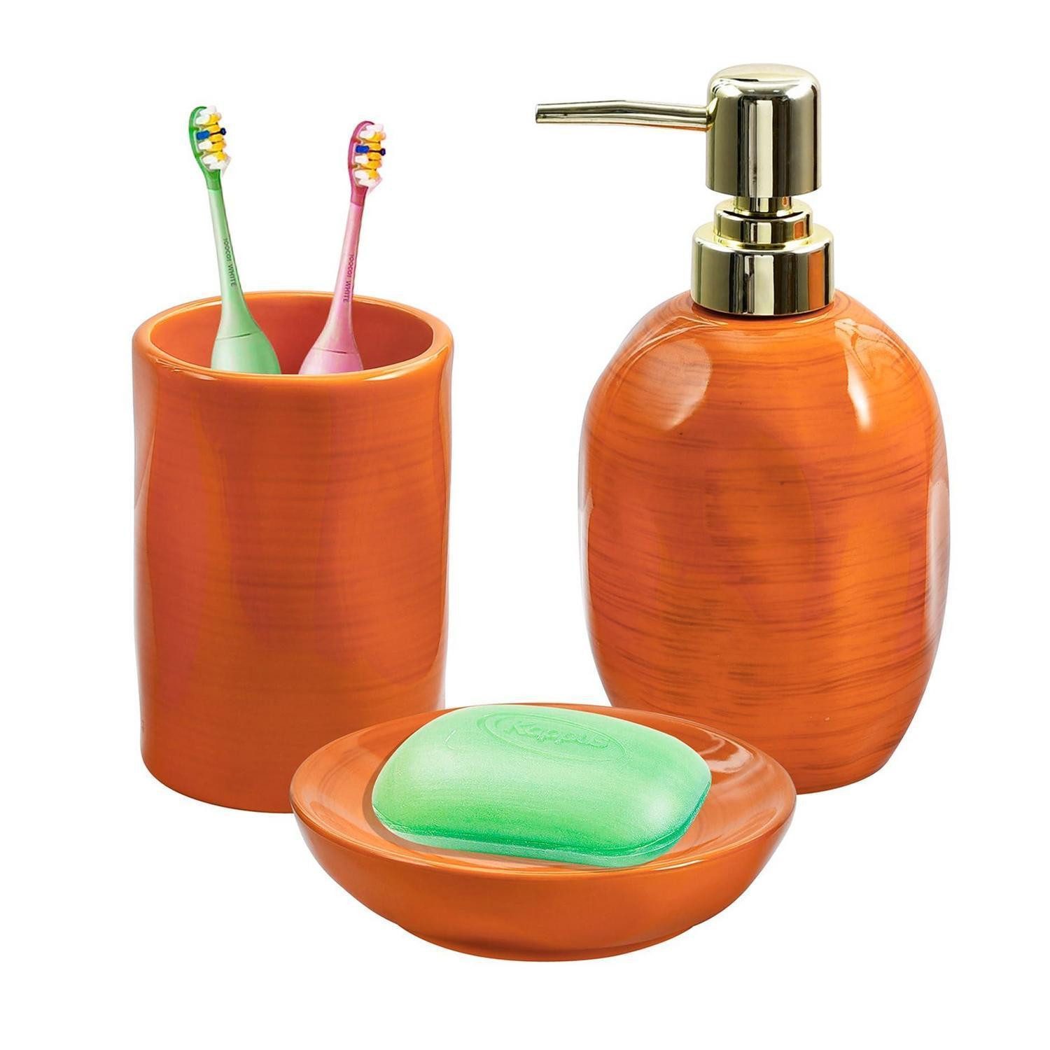LuxusKollektion Zahnputzbecher Badezimmer Set 3tlg Keramik Orange Marmoroptik, (1-St)