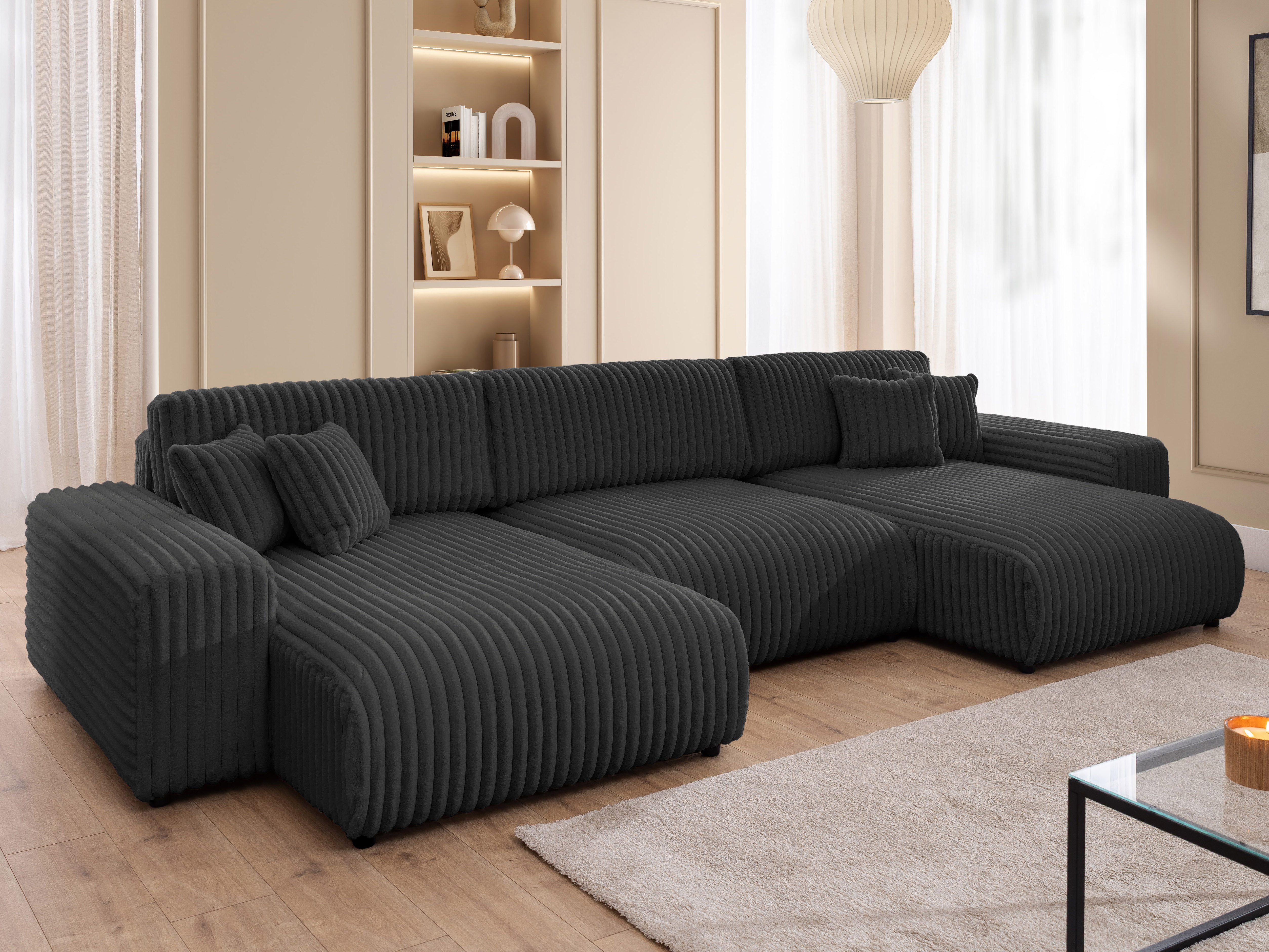 S-Style Möbel Wohnlandschaft Mollis mit Schlaffunktion und Bettkasten aus Plüschcord