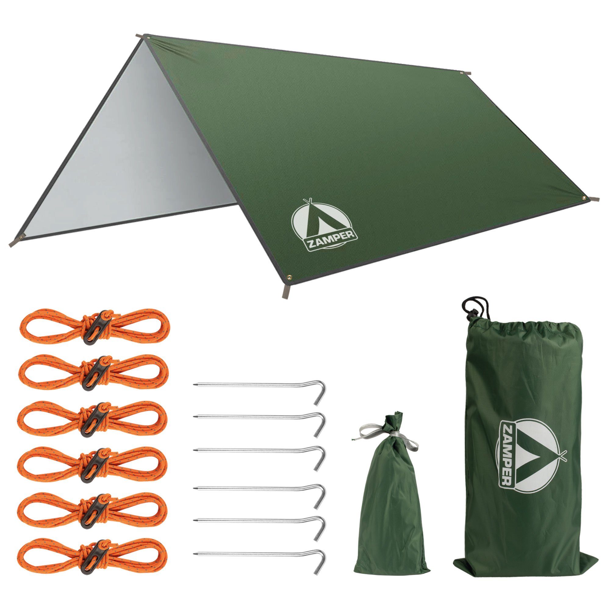 Tarp Wasserdichte Sonnenschutz, Set mit Oxford mit 210D 3x3m Plane – und 2 Tarp Heringen Wasserdicht Camping Grün Tarp-Zelt Zamper (Zelt-Planen UV-Schutz Ripstop Personen: Zeltplane Sonnensegel 6 Abspannseilen), für