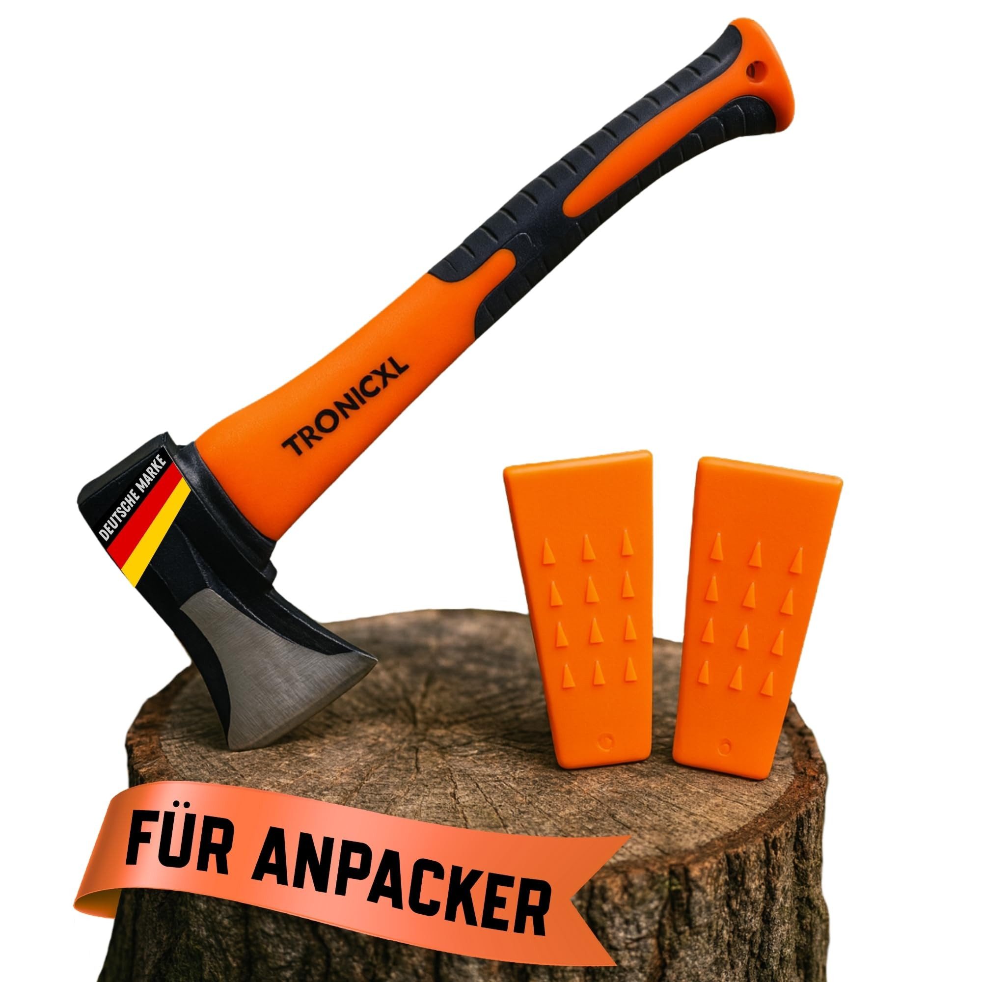 TronicXL Axt Handbeil + 2X Keil I Beil klein 600g Fiberglasstiel Anti Rutsch Griff
