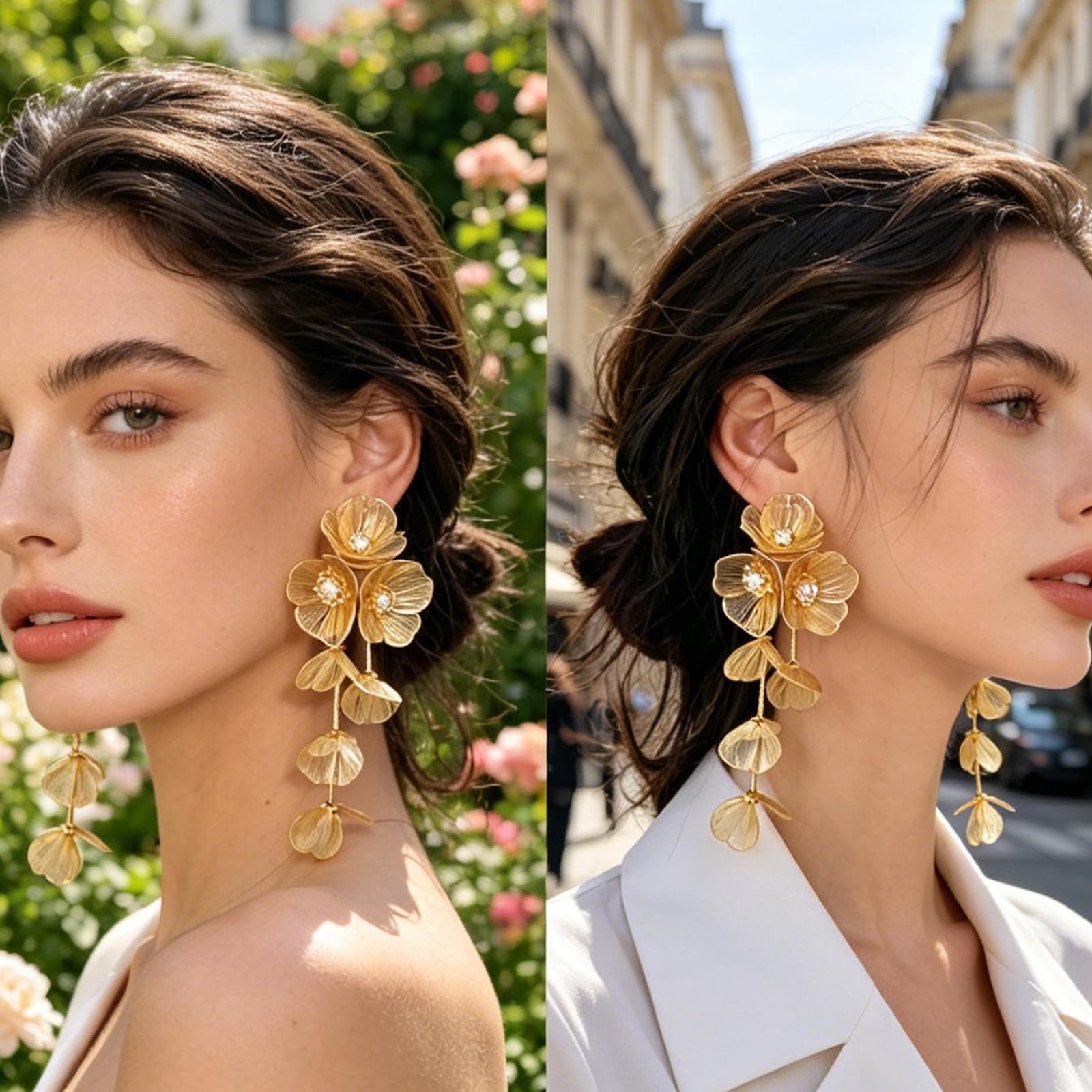 MOPUEA Paar Ohrhänger Ohrringe für Damen, Hohl Metall Filigrane Blumenohrringe (Goldene Blumen-Ohrringe für Damen, El-Blumen-Tropfen-Ohrringe, 2-tlg., Statement-Schmuck, lange Quasten-Ohrringe, Damenmode), mit ringförmigen Blütenblättern,für Abschlussbälle und Hochzeiten