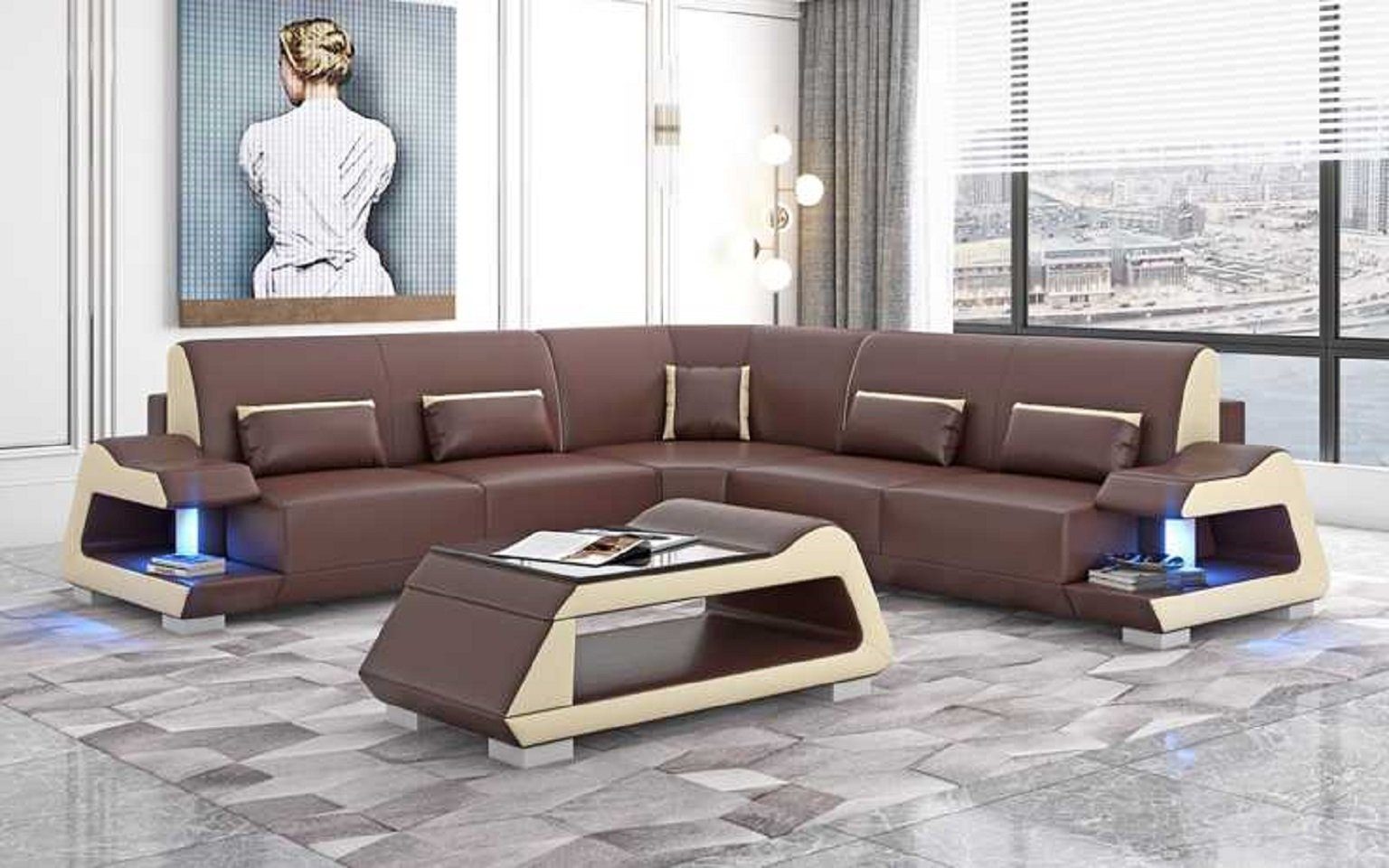 in Sofa Ecksofa 3 Sofas, JVmoebel Eckgarnitur Europe Form Made Braun Wohnzimmer Ecksofa L Luxus Teile,