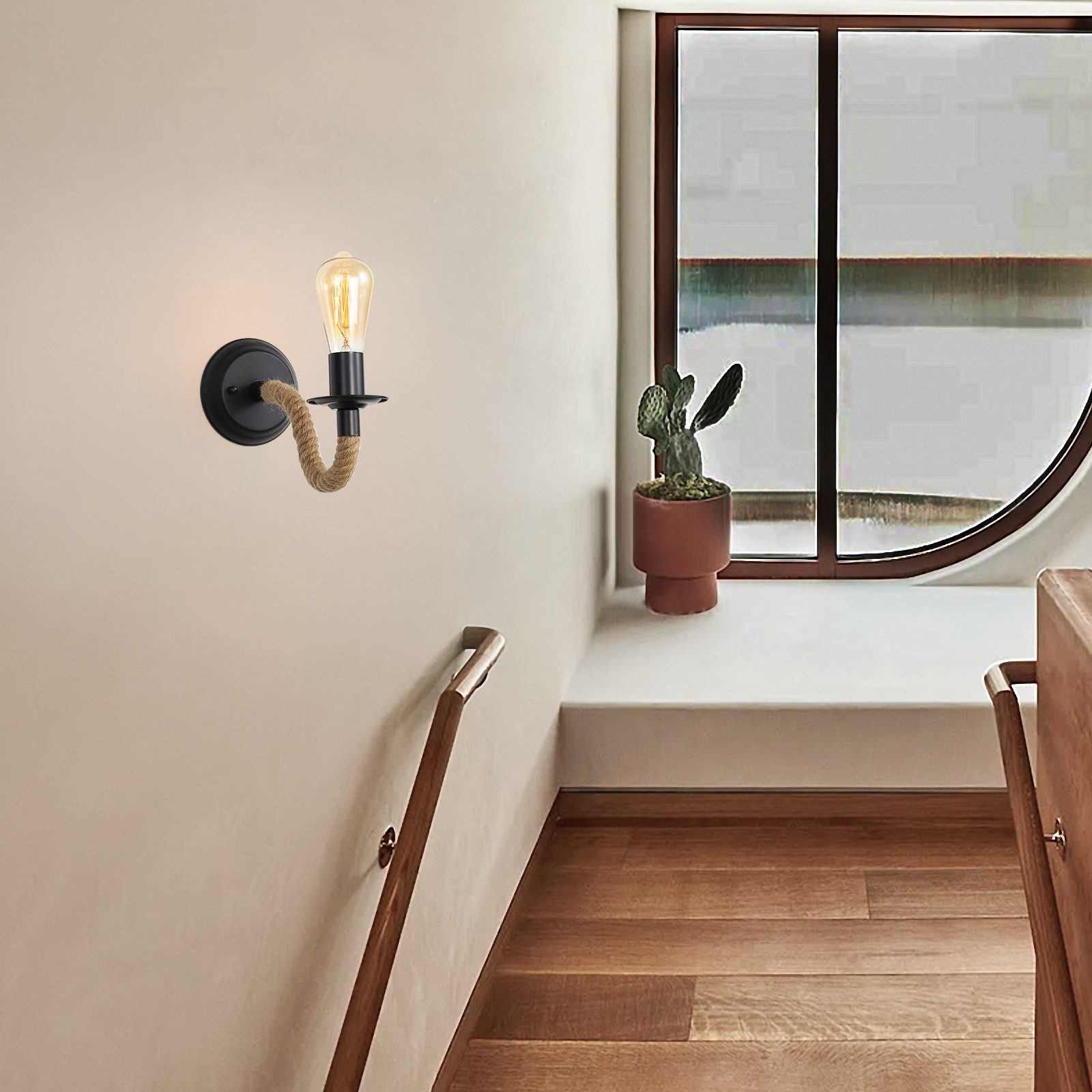 Riserva Wandleuchte Vintage Wandleuchte (2er),Hanfseil Wandleuchte,E27 Loft Wandleuchte, LED wechselbar