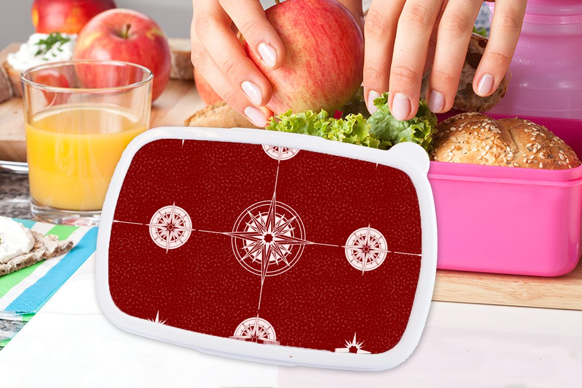 MuchoWow Lunchbox Kompass - für Brotbox Erwachsene, Mädchen, rosa Snackbox, - Muster, Kunststoff Reisen (2-tlg), Kinder, Brotdose Kunststoff