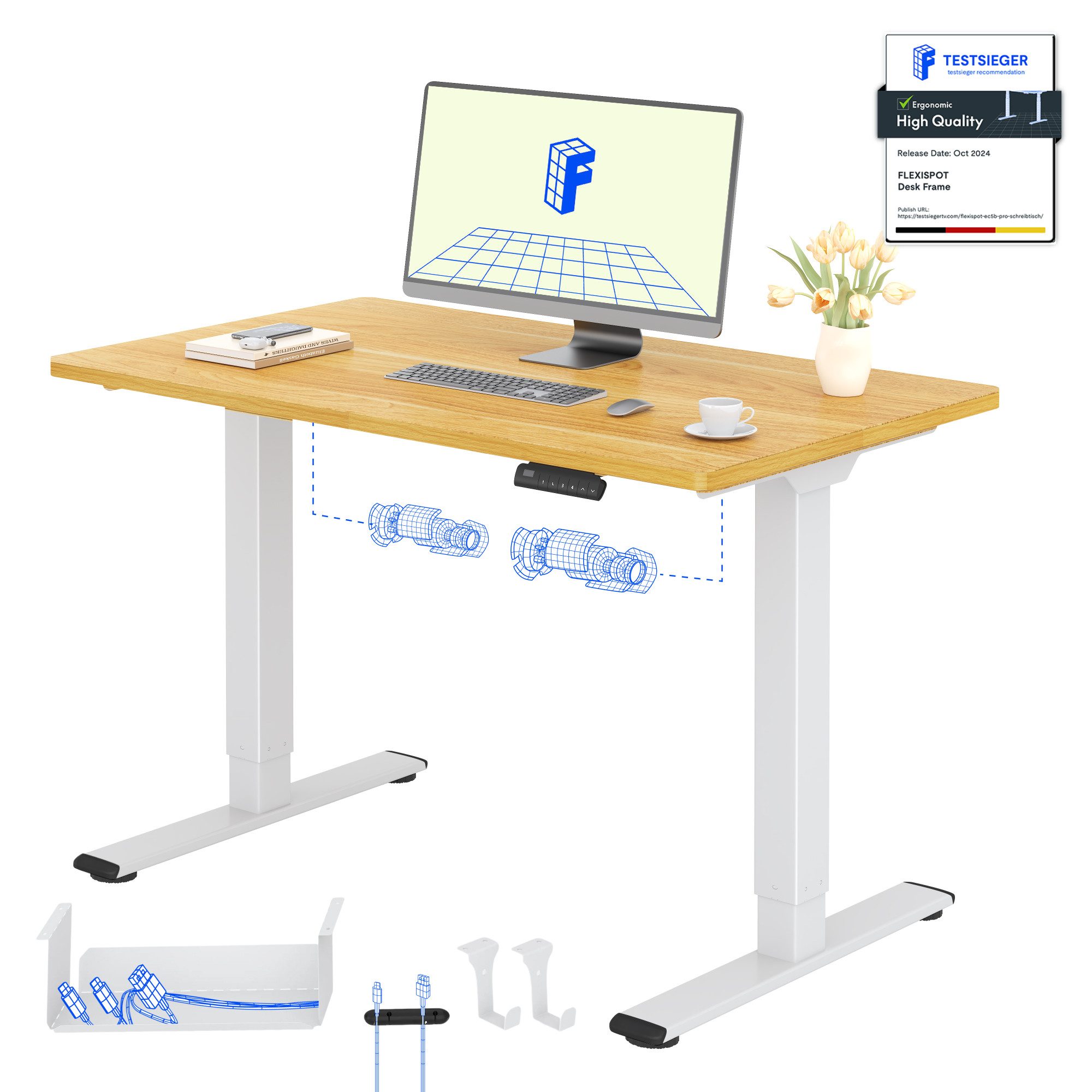FLEXISPOT Schreibtisch Basic Plus höhenverstellbarer Schreibtisch mit Premium-Zubehör-Set (2 Motore & 2-Fach-Teleskop & 4 Höhenspeichertasten), MIT 25MM einteiliger Tischplatte, 120/140/160/180