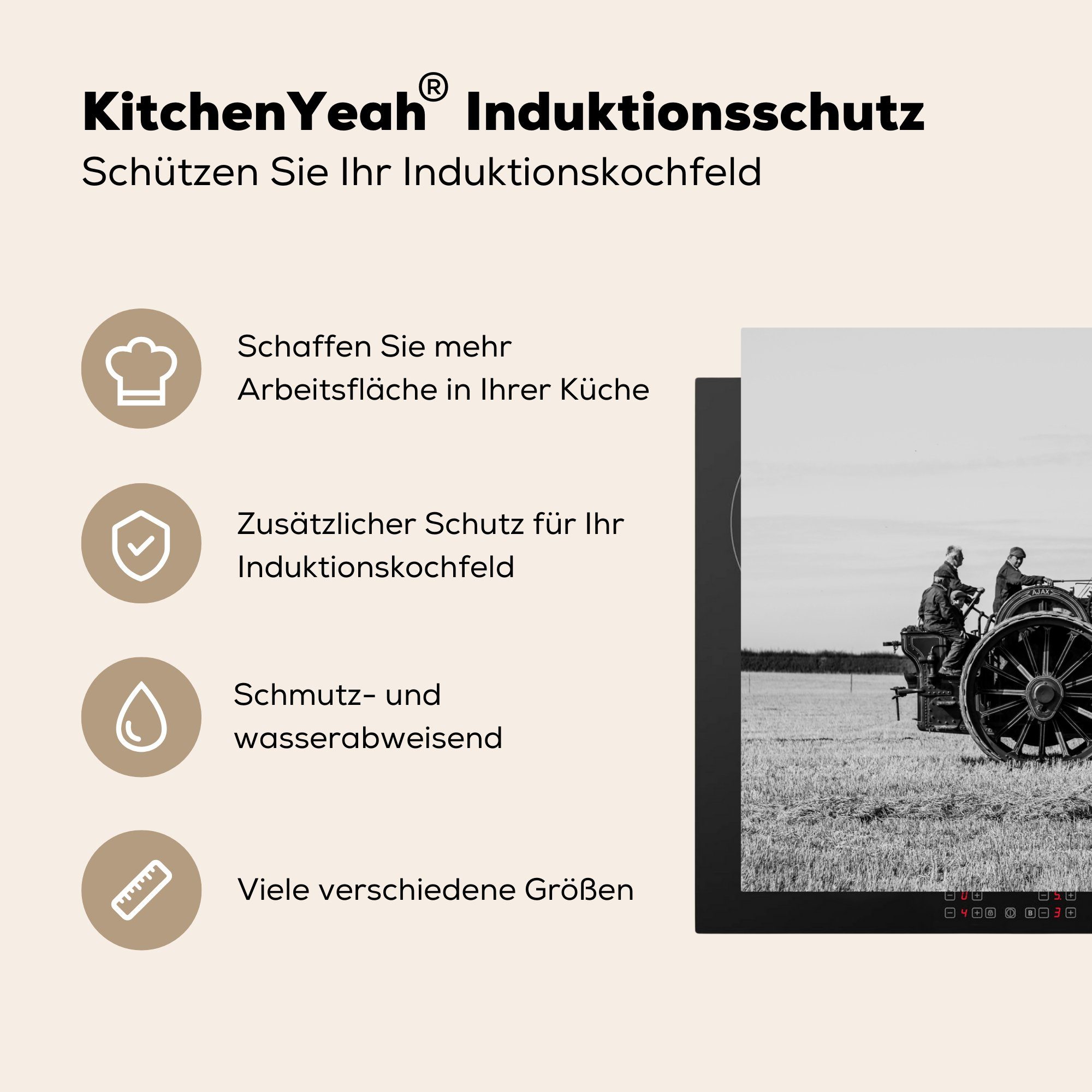 81x52 Schutz die Herdblende-/Abdeckplatte Vinyl, cm, MuchoWow für - Vintage, - Weiß - (1 Traktor Schwarz tlg), küche, - Induktionskochfeld Bauernhof Ceranfeldabdeckung