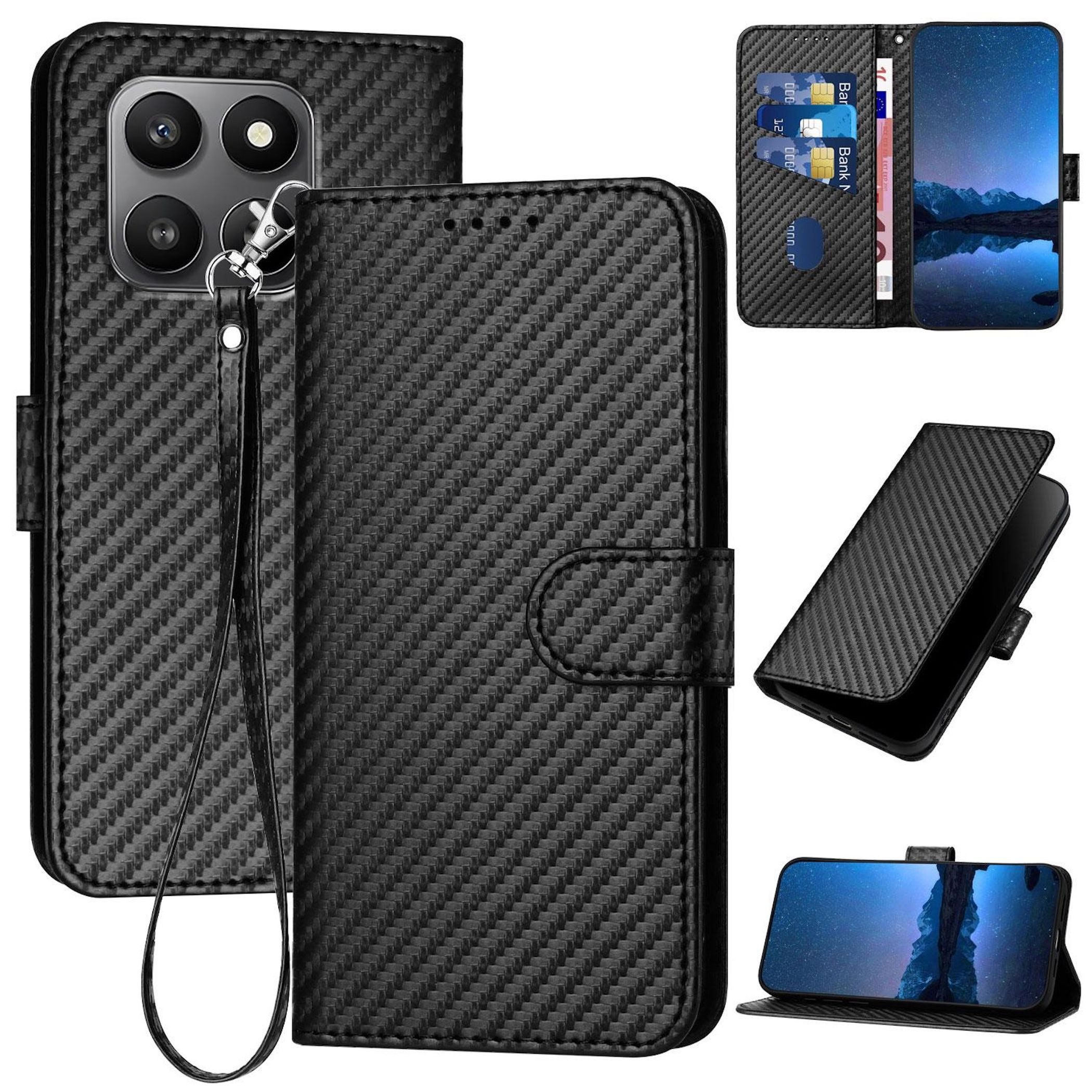 Wigento Handyhülle Für Honor 400 Smart Carbon Design Kunstleder Schutz Hülle Schwarz, Carbon-Optik Hülle mit Kartenfach und Standfunktion