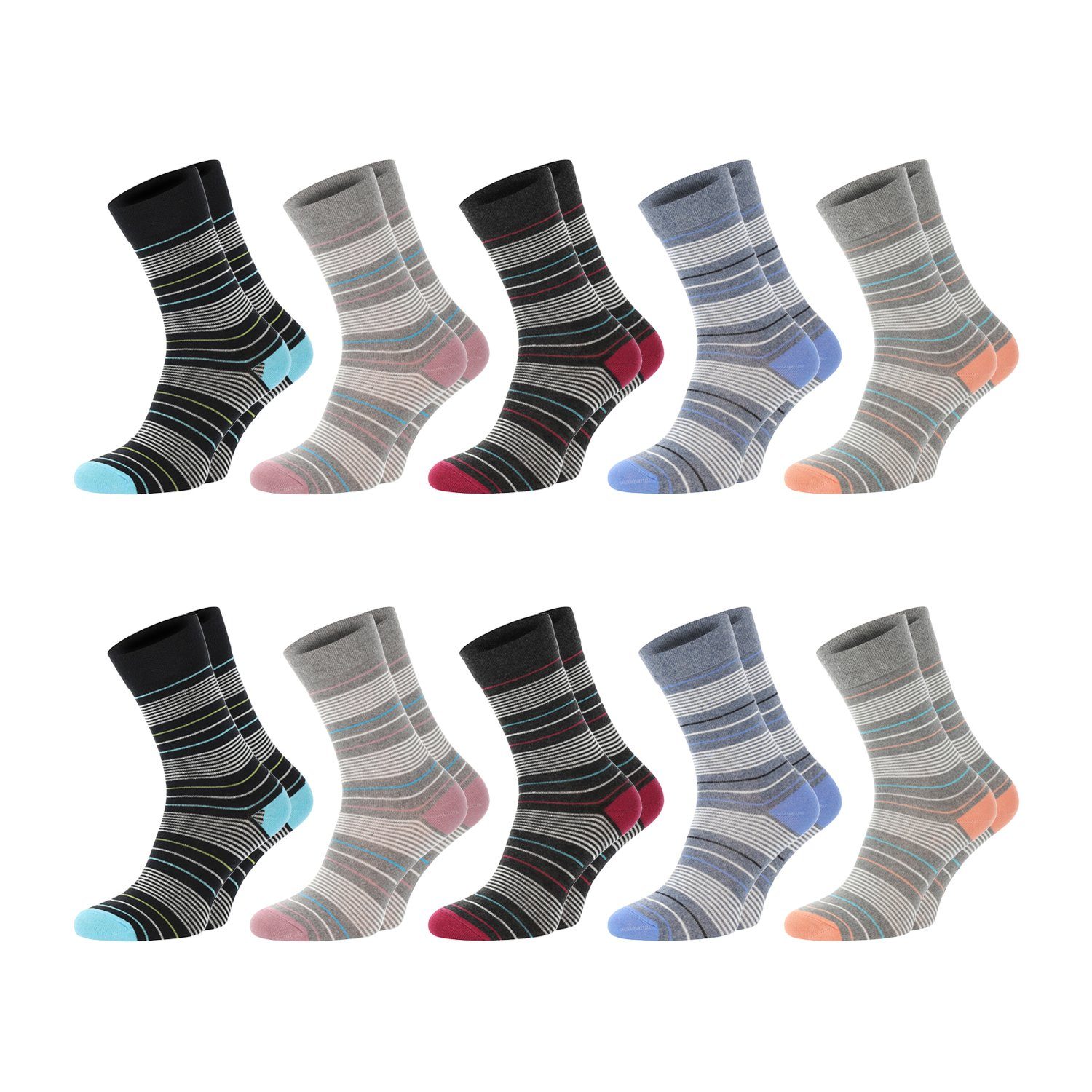 Chili Lifestyle Strümpfe Socken Streifen Design, 10 Paar, Damen, Baumwolle, Schwarz, Blau, Grau