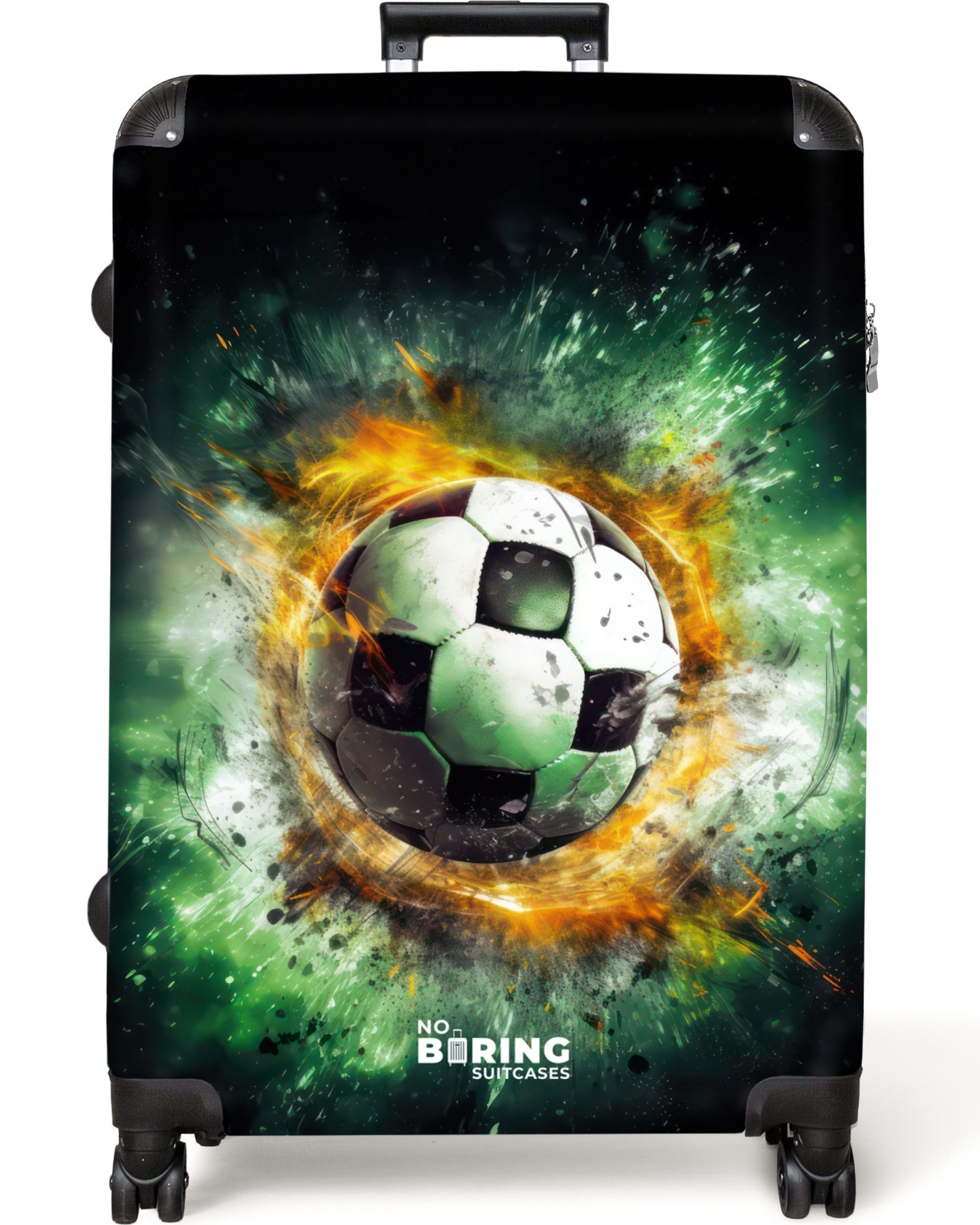 NoBoringSuitcases.com© Kinderkoffer Fußball - Grün 77 cm - 98 L, 8 Rollen, Großer Reisetasche mit Rollen für 30kg, Kinderkoffer