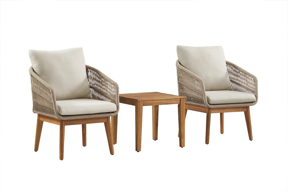 riess-ambiente Gartenlounge-Set ROPE natur taupe– Massivholz & Aluminium mit 2 Sesseln, Tisch & Kissen, (Set, 3-tlg), pflegeleichte Balkonmöbel, wetterfest, moderne Outdoor-Sitzgruppe