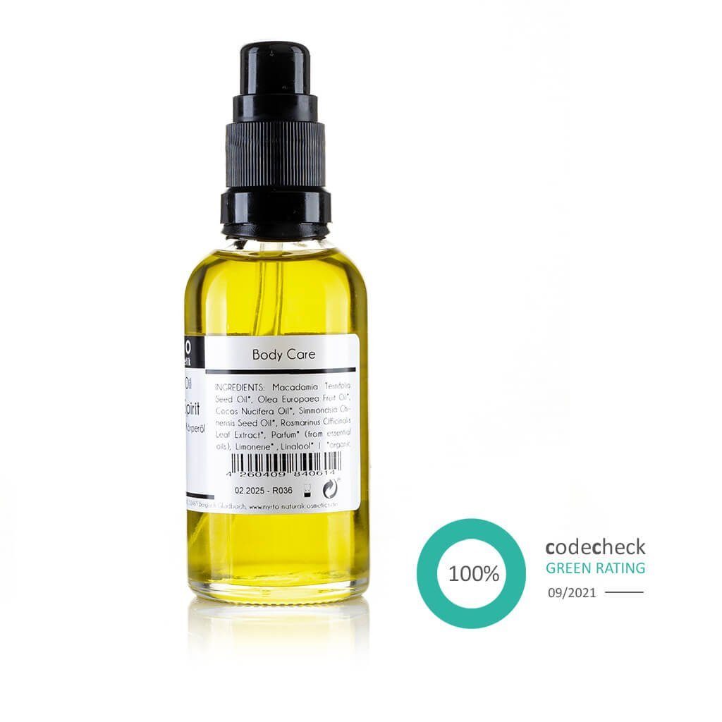 myrto Naturkosmetik Körperöl Sportive Spirit - leicht straffendes Cellulite Körperöl, Bestbewertung bei Codecheck: 100% Grüner Ring EMPFEHLENSWERT