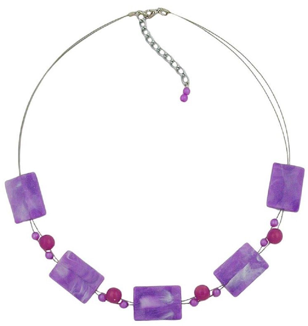 Collier Drahtkette mit Kunststoff-Perlen flieder-weiß-marmoriert Viereck 45 cm